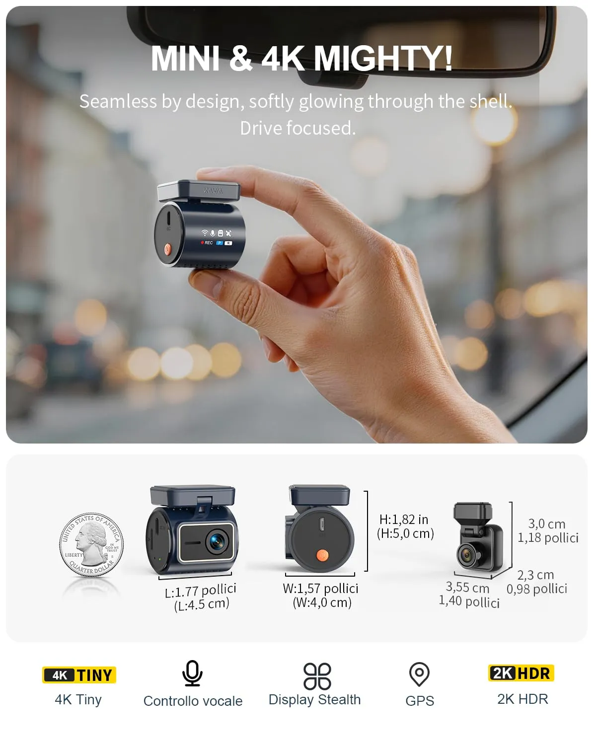 Kawa Mini Dash Cam 4K+1080P Anteriore Posteriore GPS NightEagle
