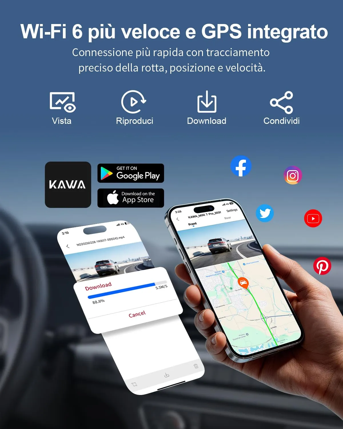Kawa Mini Dash Cam 4K+1080P Anteriore Posteriore GPS NightEagle