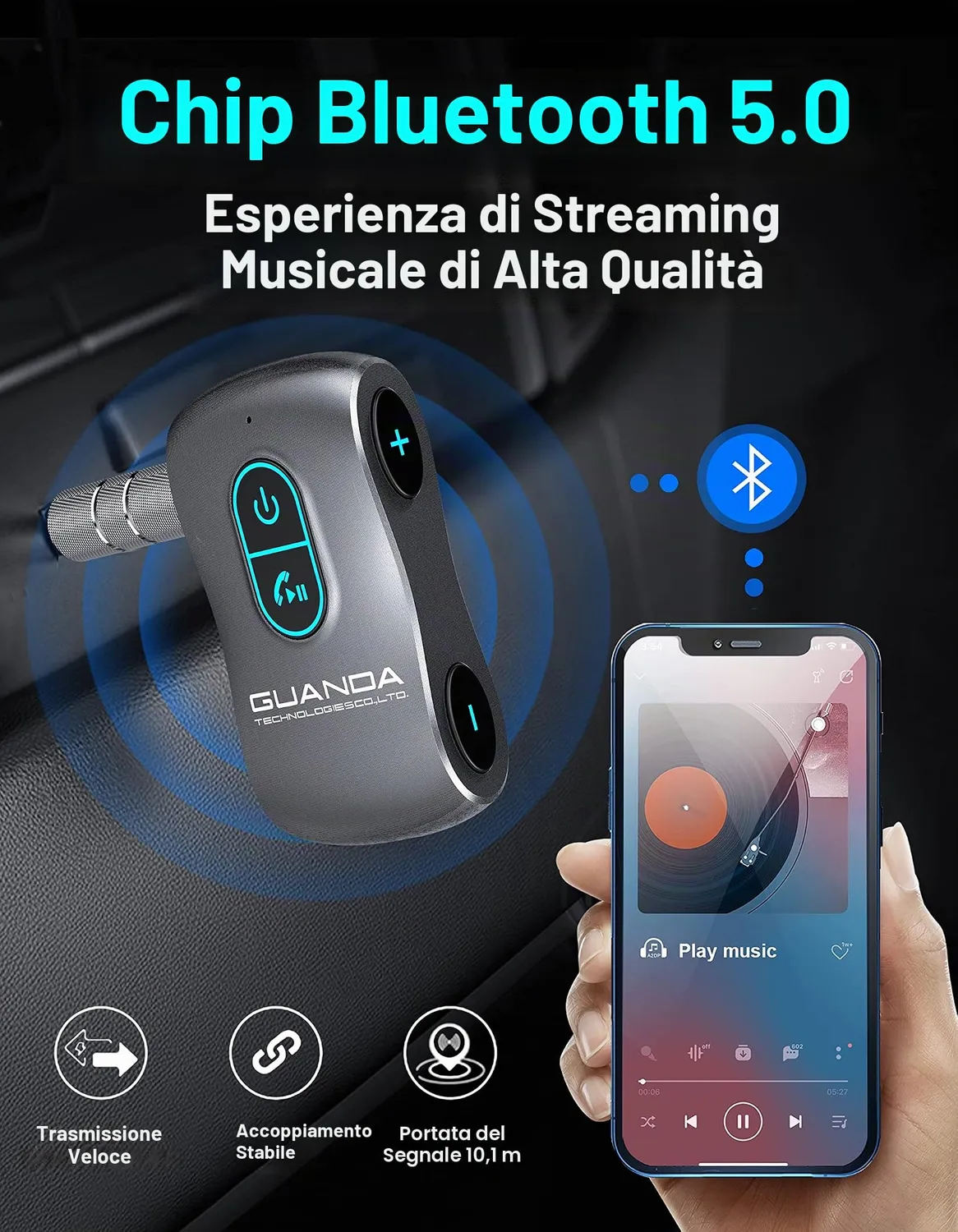 Guanda Ricevitore Bluetooth 5.0 AUX Auto MicroSD 16 Ore