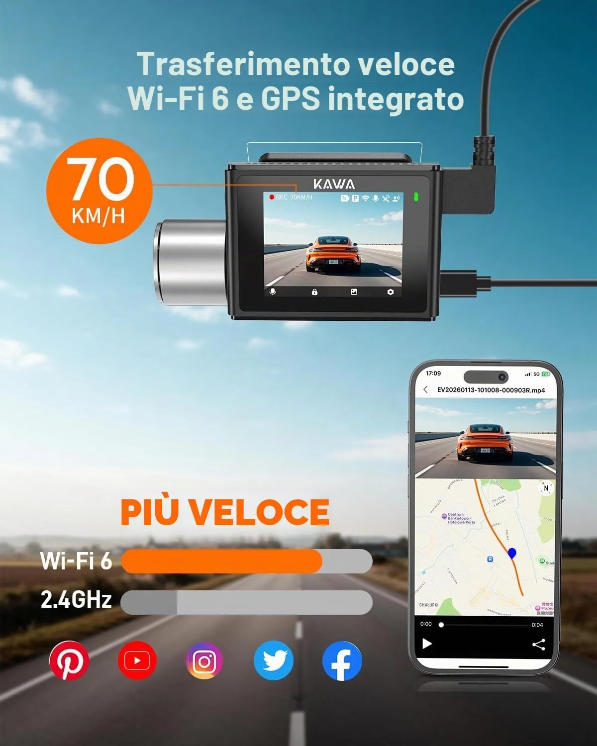 Kawa D7 dash cam auto doppia 4K GPS WiFi 64GB