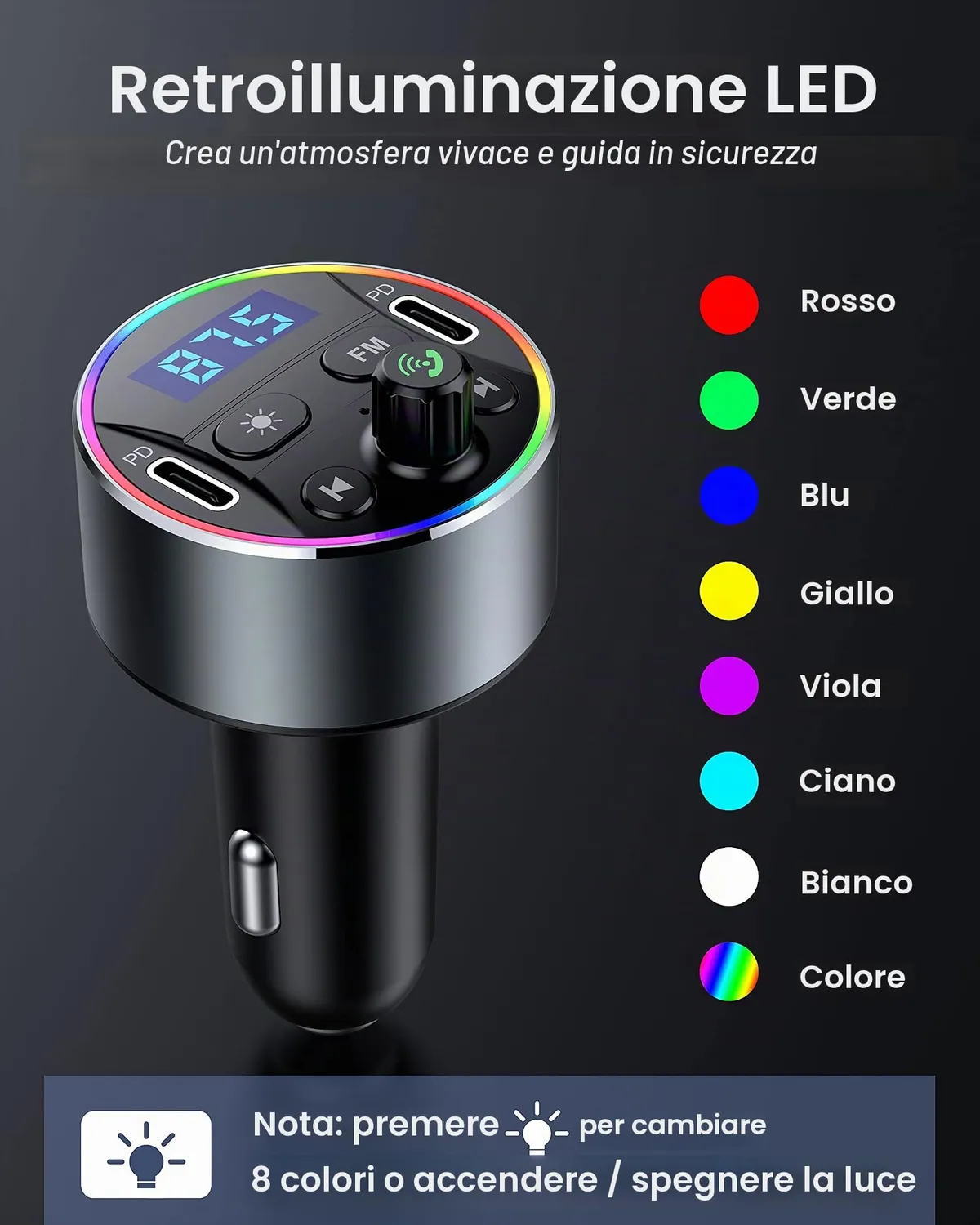 Guanda Bluetooth 5.3 Trasmettitore FM Auto PD 20W Luci LED 9 Colori