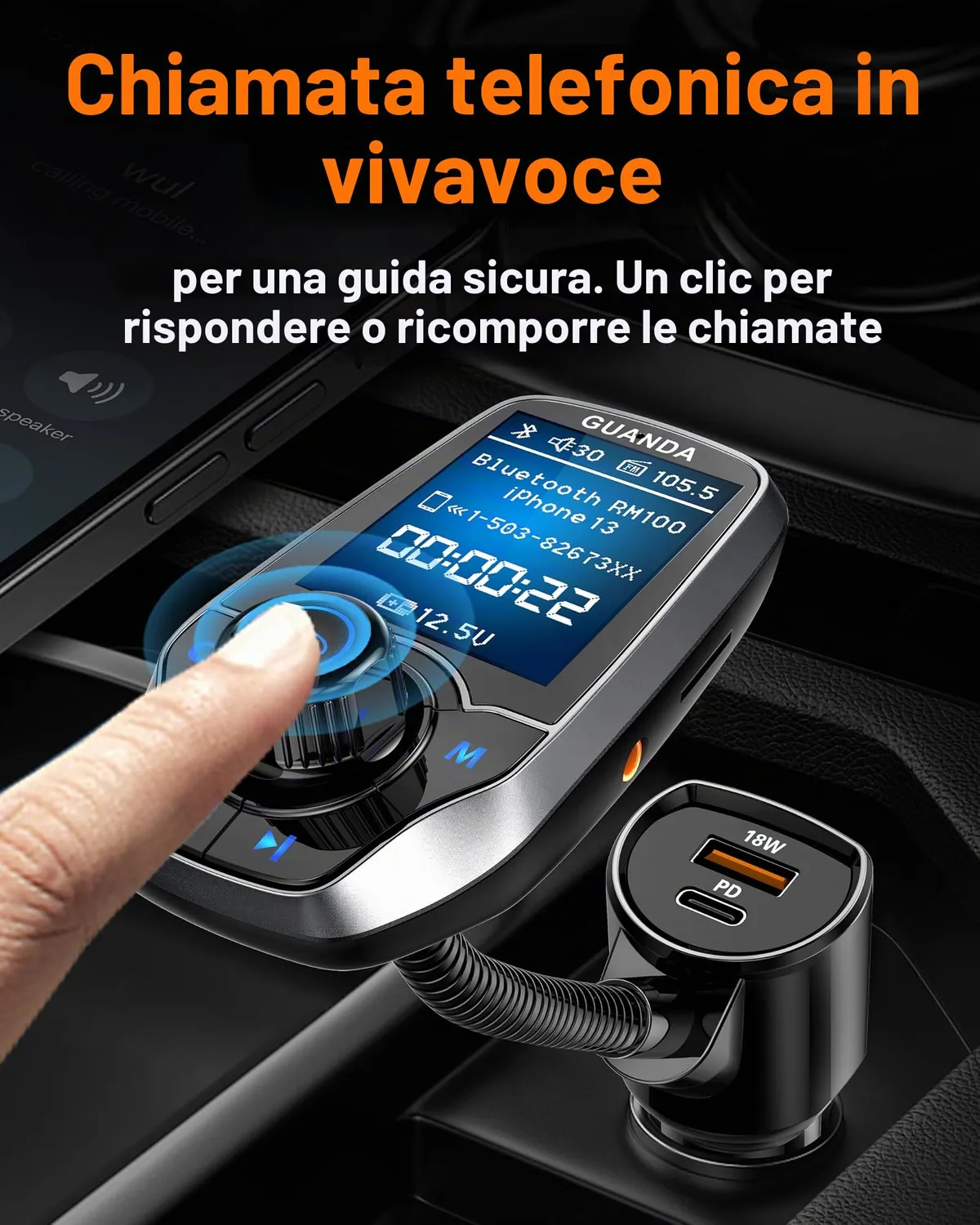 Guanda Trasmettitore FM Bluetooth Auto Schermo 1.8'' 2 USB