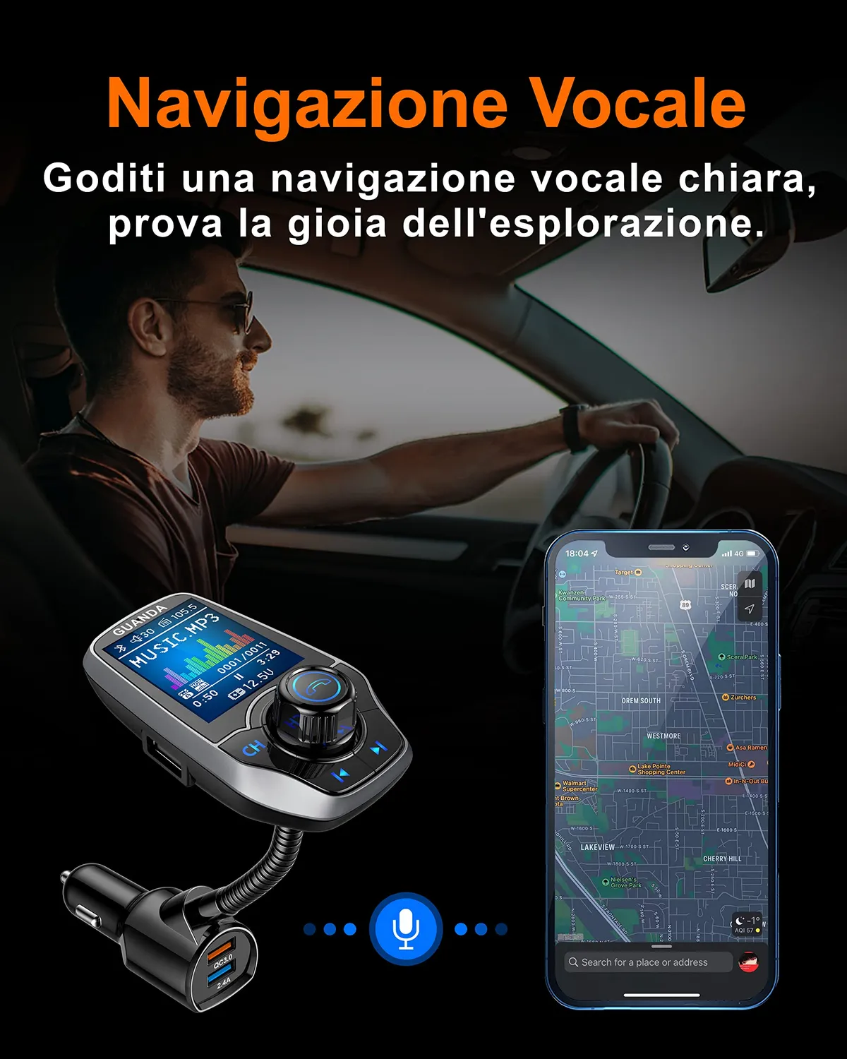 Guanda Trasmettitore FM Bluetooth Auto Schermo 1,8 Doppia USB AUX