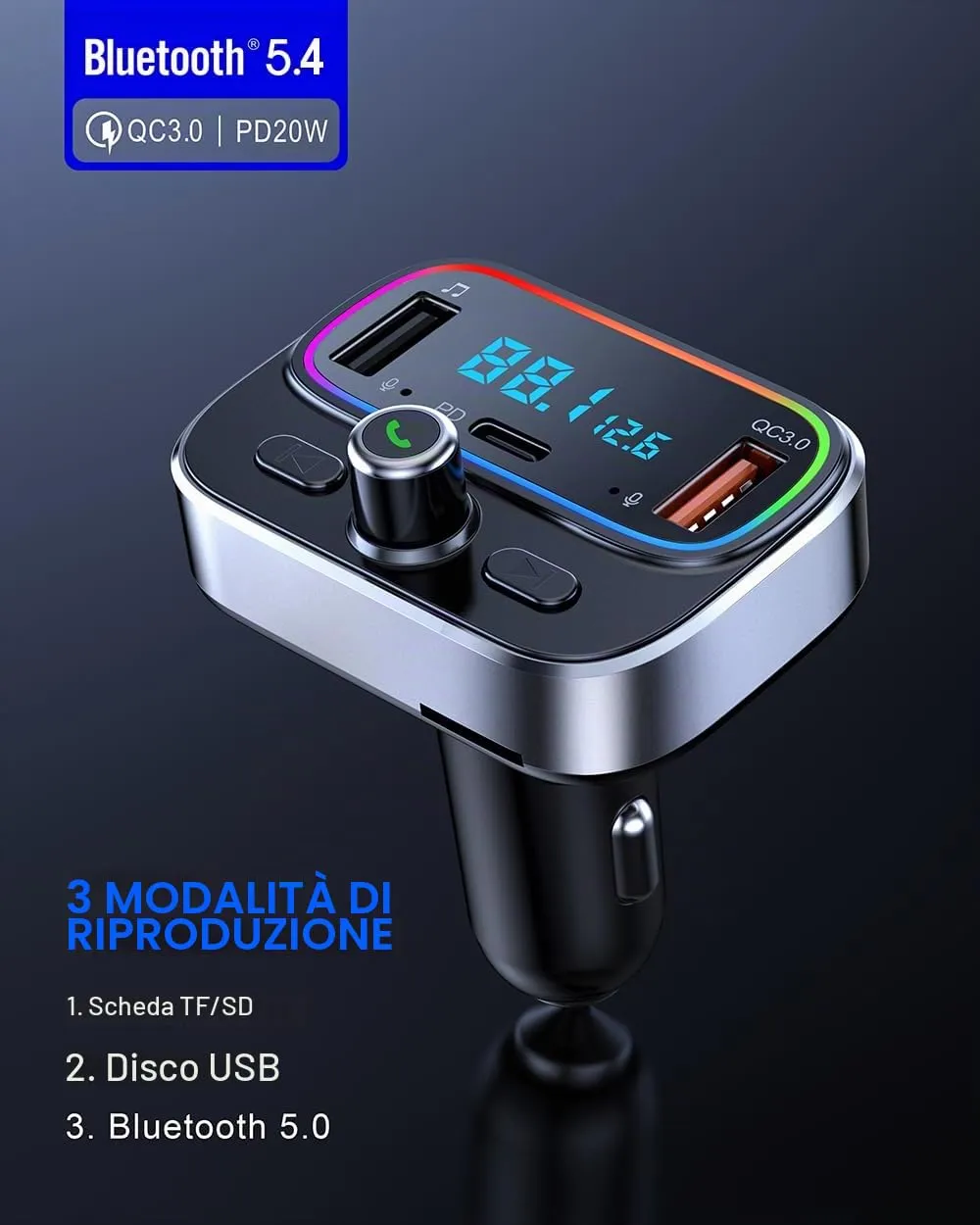 Guanda Trasmettitore FM Bluetooth Auto Doppio Microfono PD 20W LED