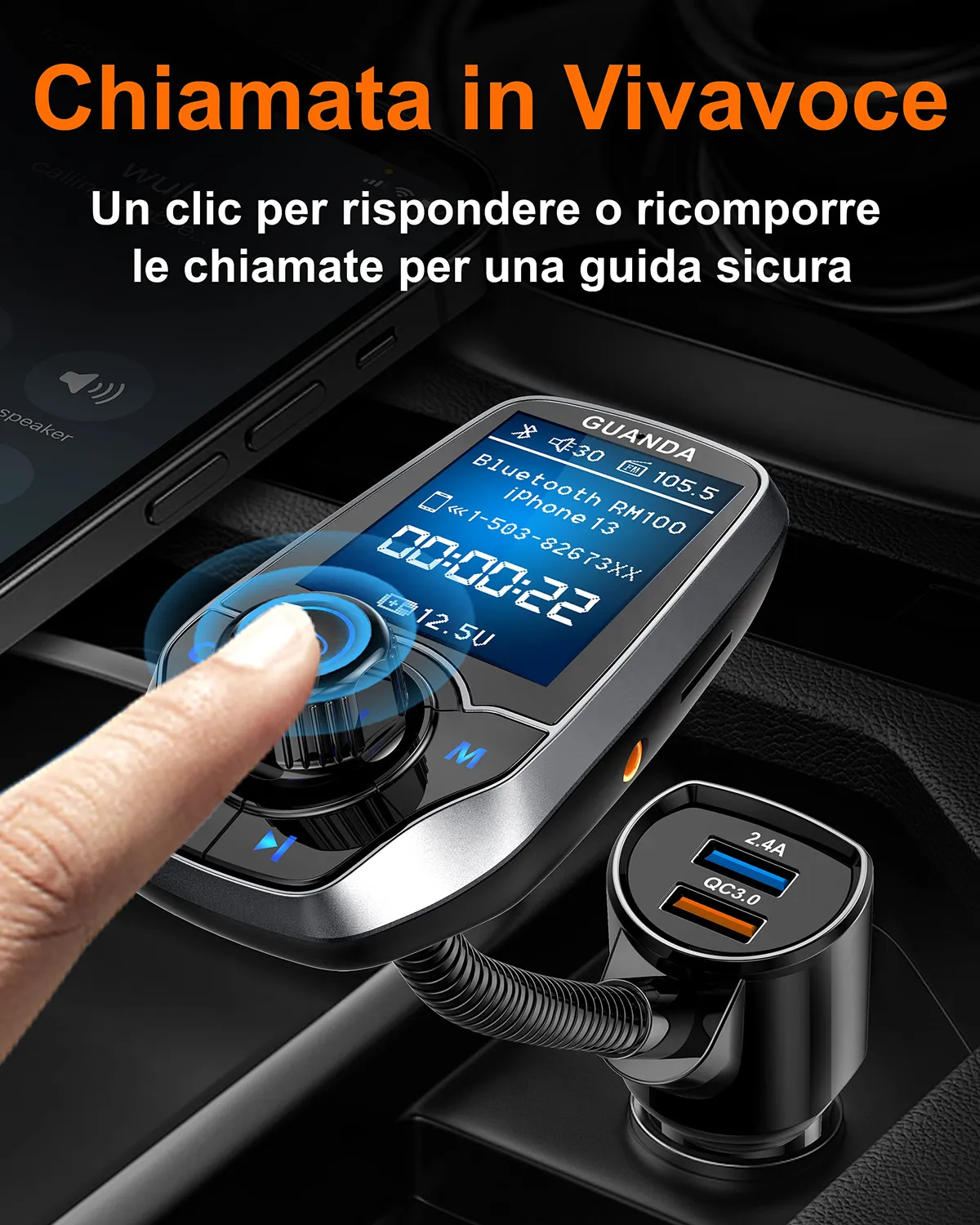 Guanda Trasmettitore FM Bluetooth Auto Schermo 1,8 Doppia USB AUX