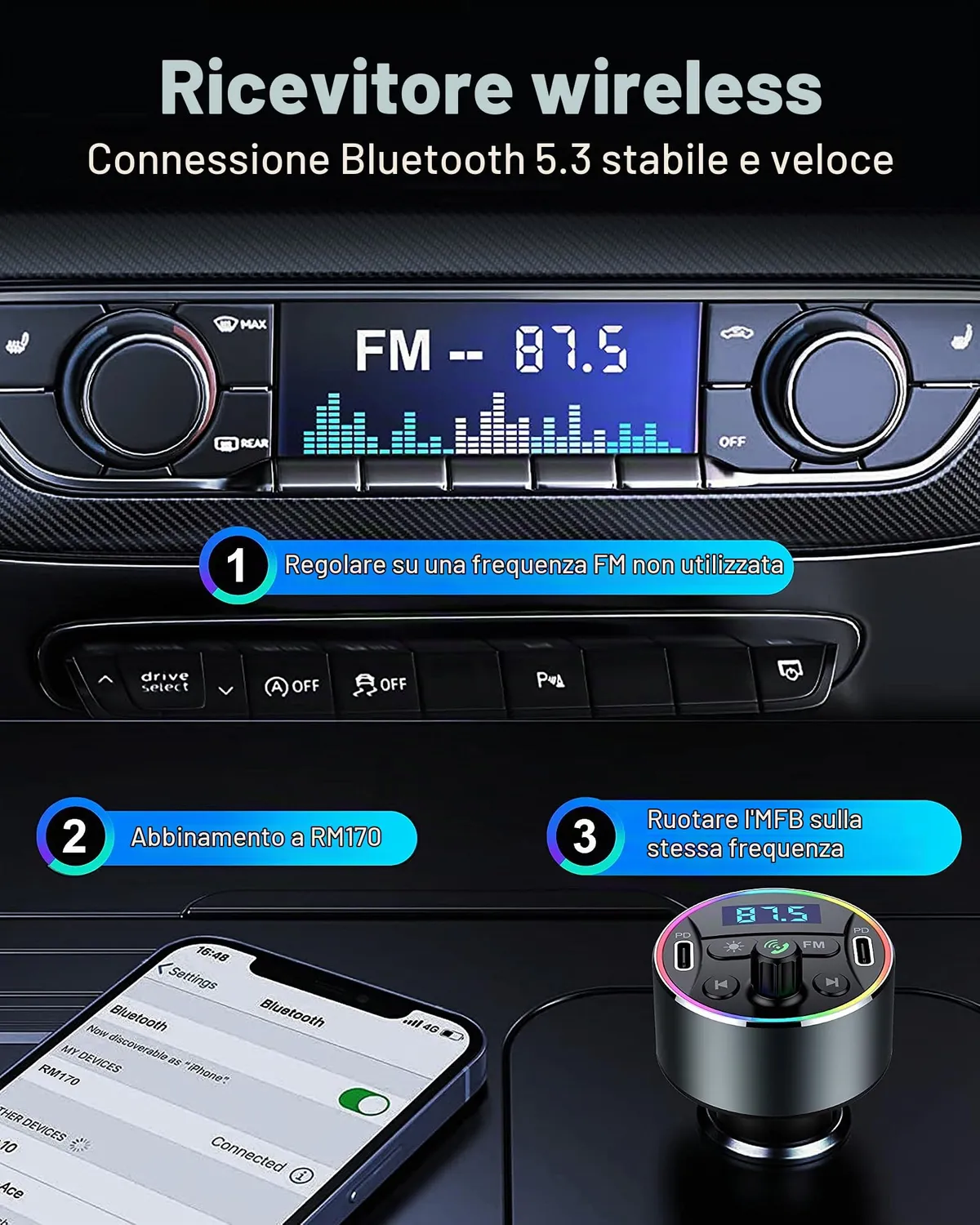 Guanda Bluetooth 5.3 Trasmettitore FM Auto PD 20W Luci LED 9 Colori