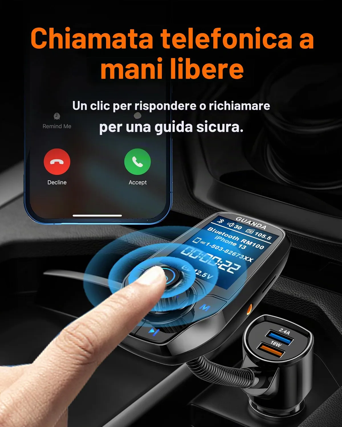 Guanda trasmettitore FM Bluetooth auto 1,8" 2 USB