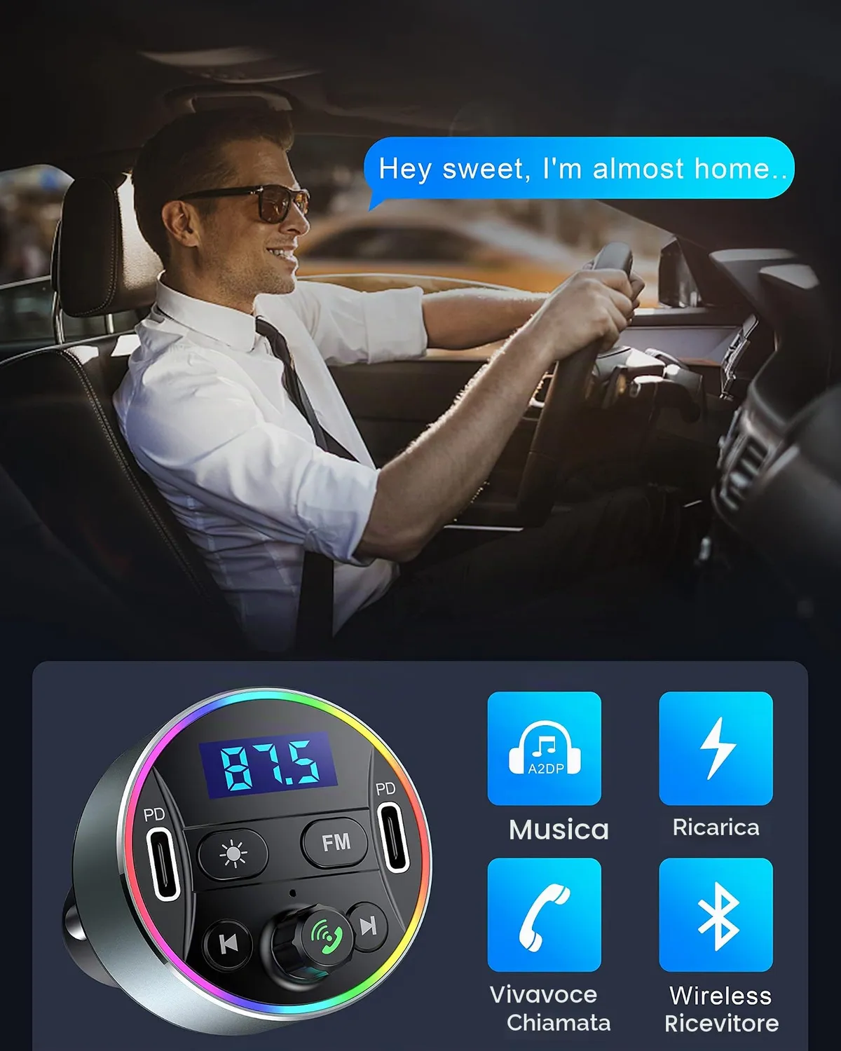 Guanda Bluetooth 5.3 Trasmettitore FM Auto PD 20W Luci LED 9 Colori