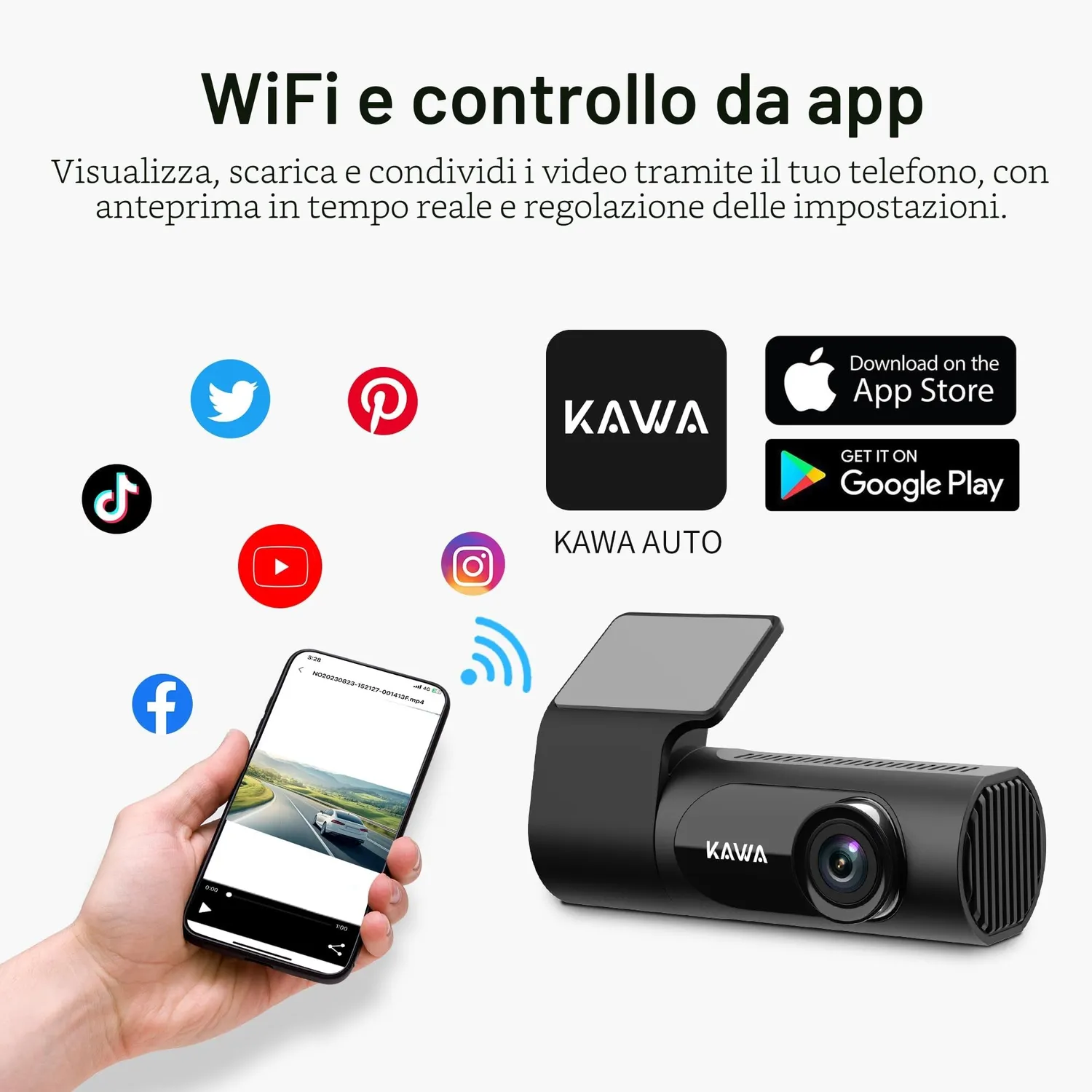 Kawa 2K dash cam auto QHD 1440P Wi-Fi 145° visione notturna