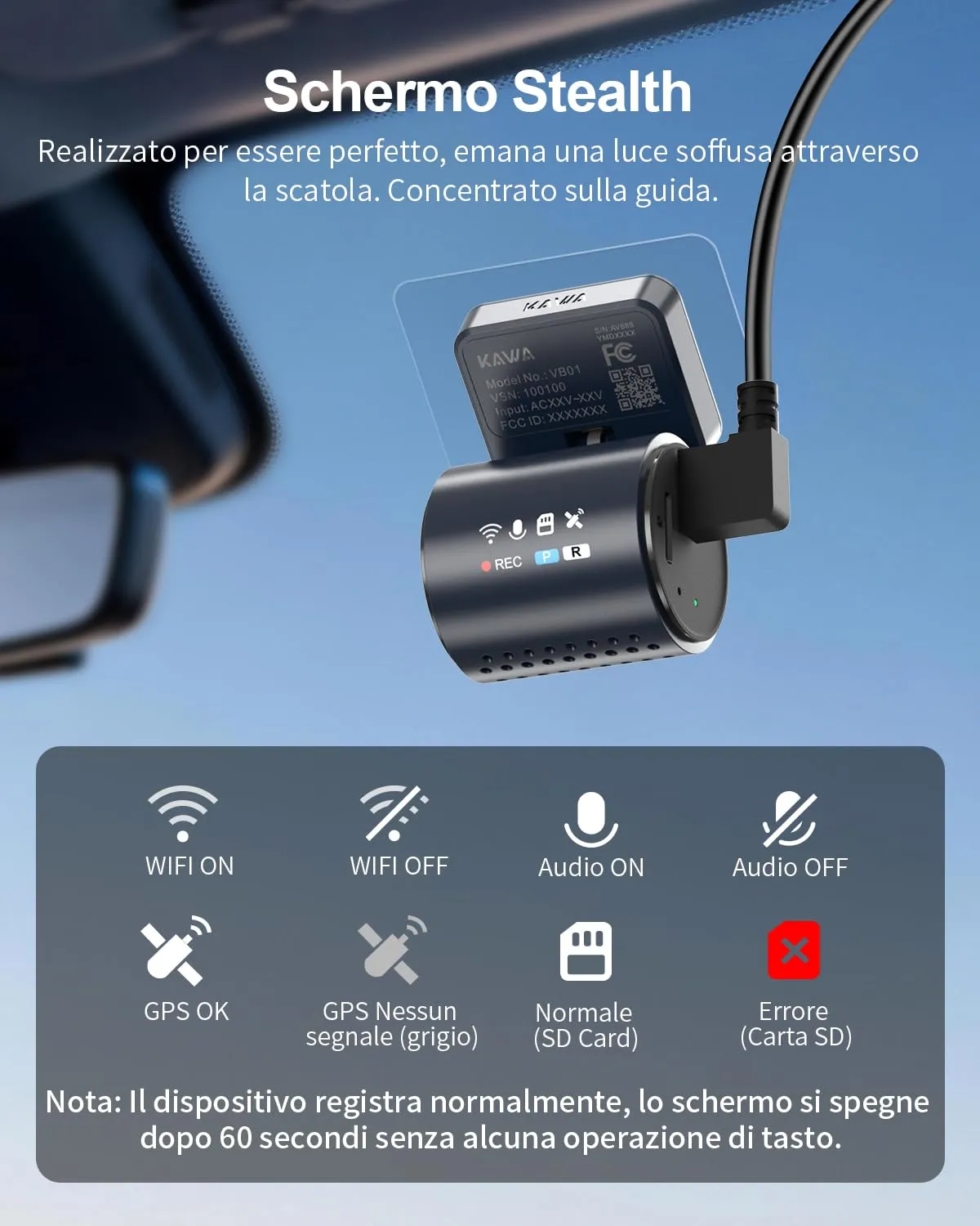Kawa Mini Dash Cam 4K+1080P Anteriore Posteriore GPS NightEagle