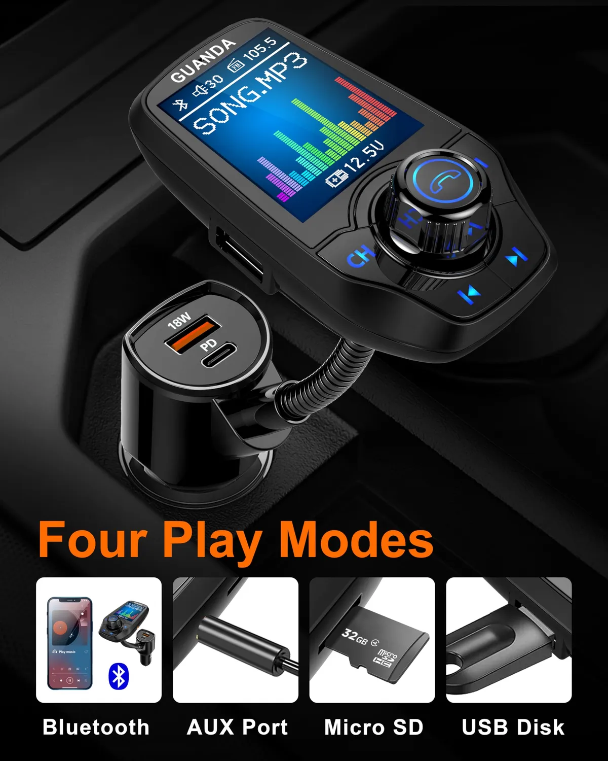 Guanda Trasmettitore FM Bluetooth Cassa Schermo 1.8'' 2 USB