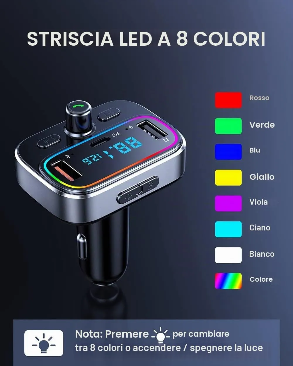 Guanda Trasmettitore FM Bluetooth Auto Doppio Microfono PD 20W LED