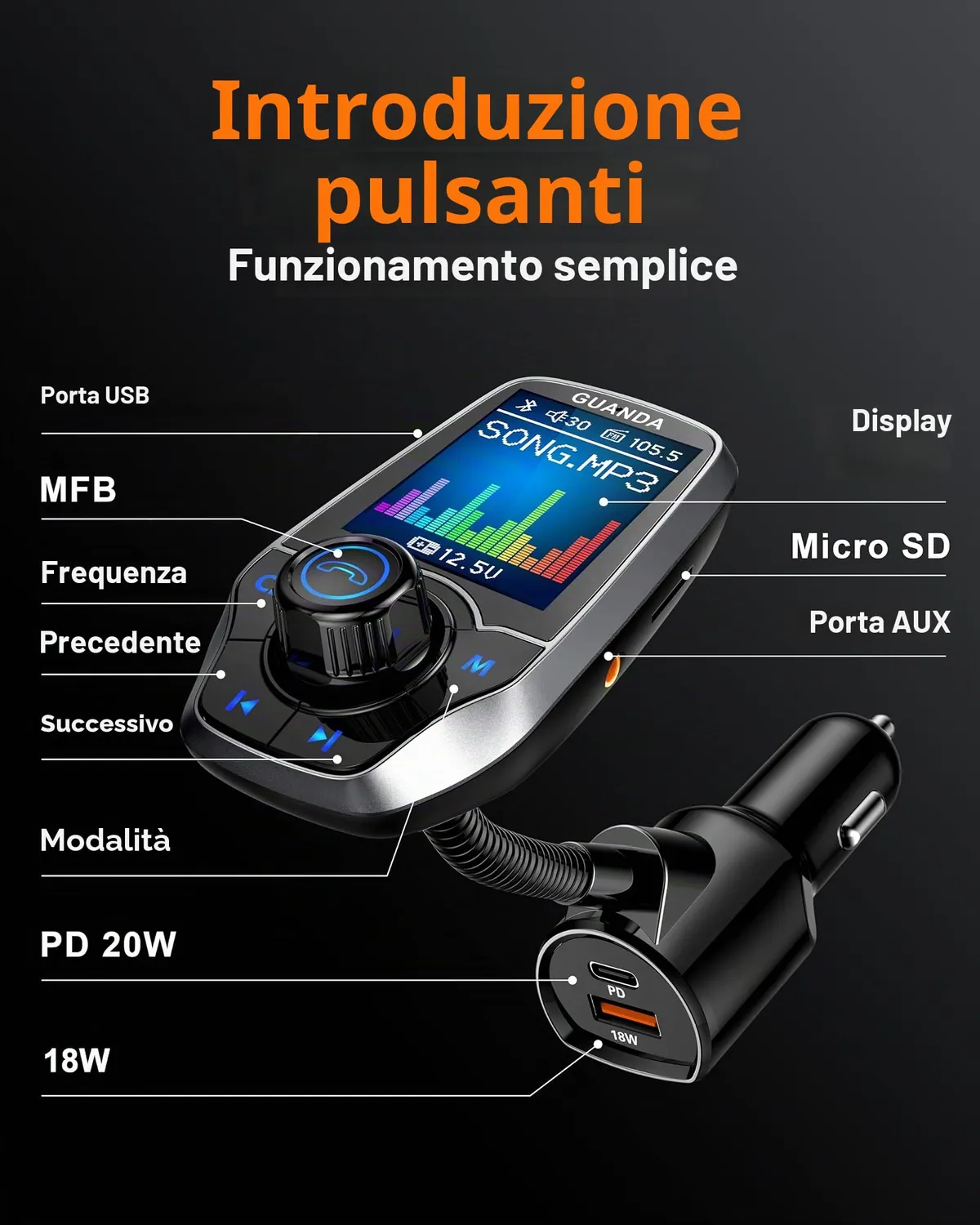 Guanda Trasmettitore FM Bluetooth Auto Schermo 1.8'' 2 USB