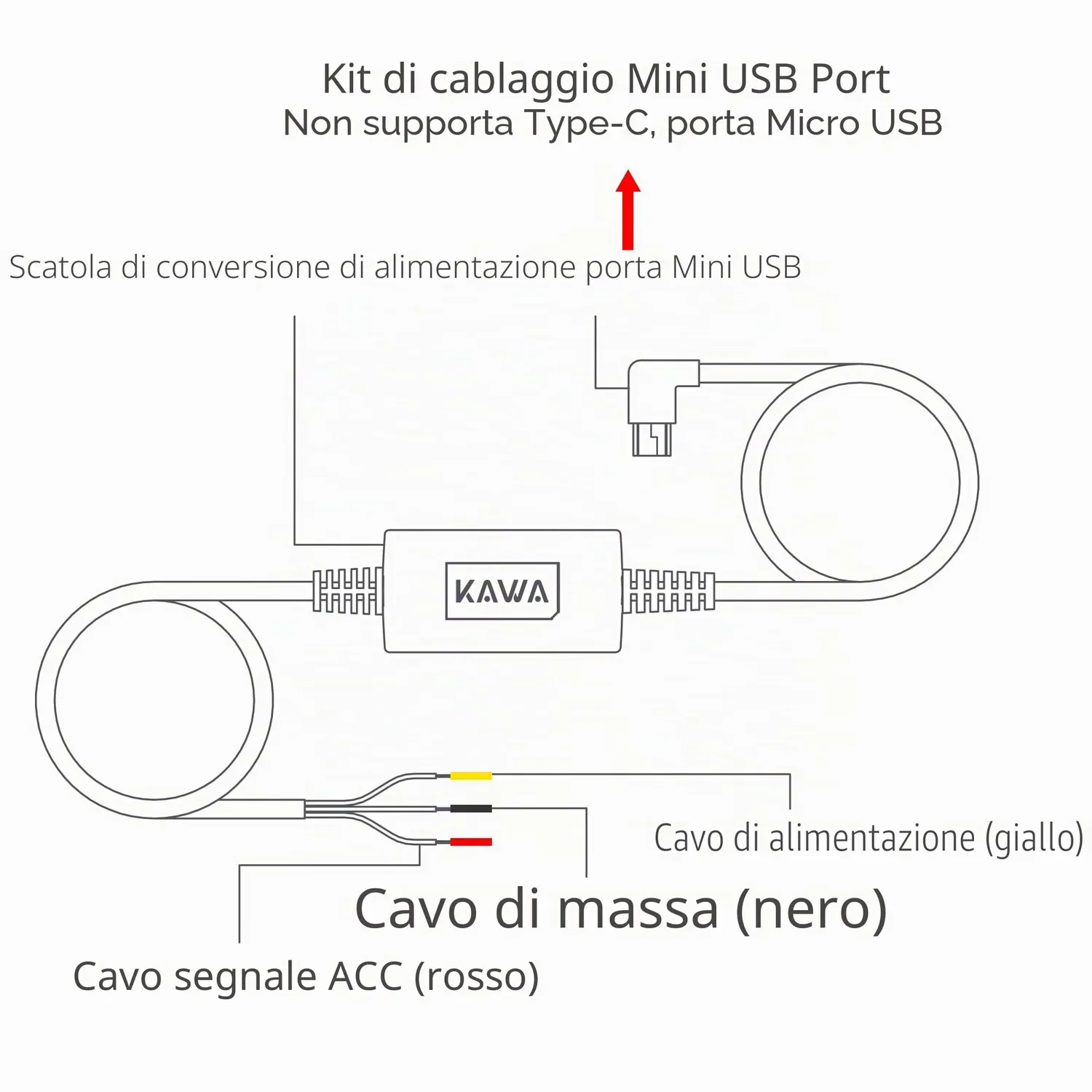 Kawa D8 D10 kit cablaggio dash cam Mini USB 3,4 m 24h