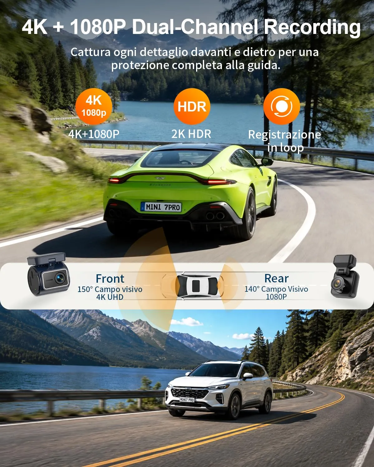 Kawa Mini Dash Cam 4K+1080P Anteriore Posteriore GPS NightEagle