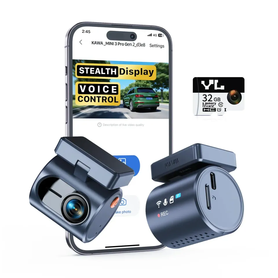 Kawa Dash Cam Auto 2K Mini Controllo Vocale WiFi Display Nascosto