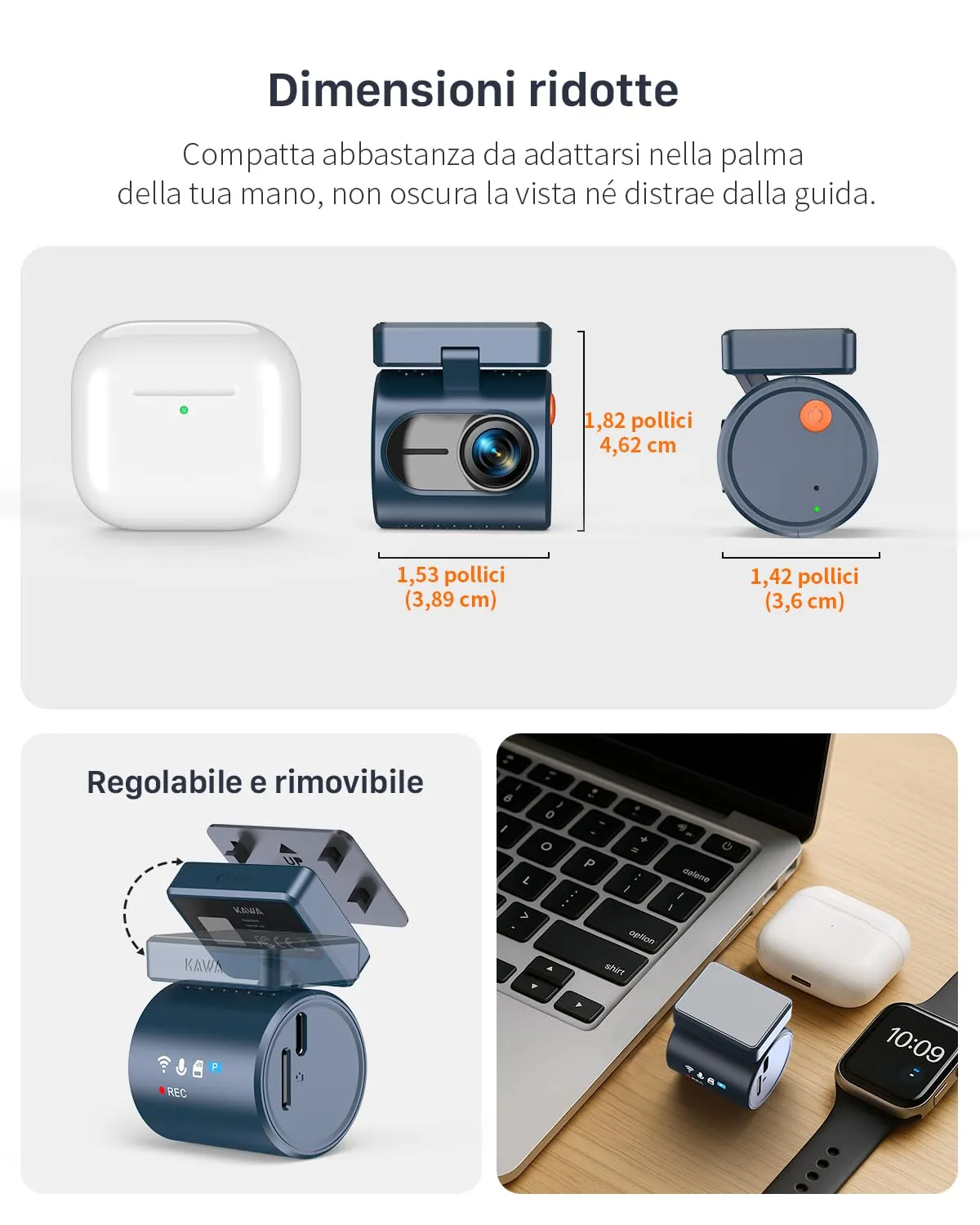 Kawa Dash Cam Auto 2K Mini Controllo Vocale WiFi Display Nascosto