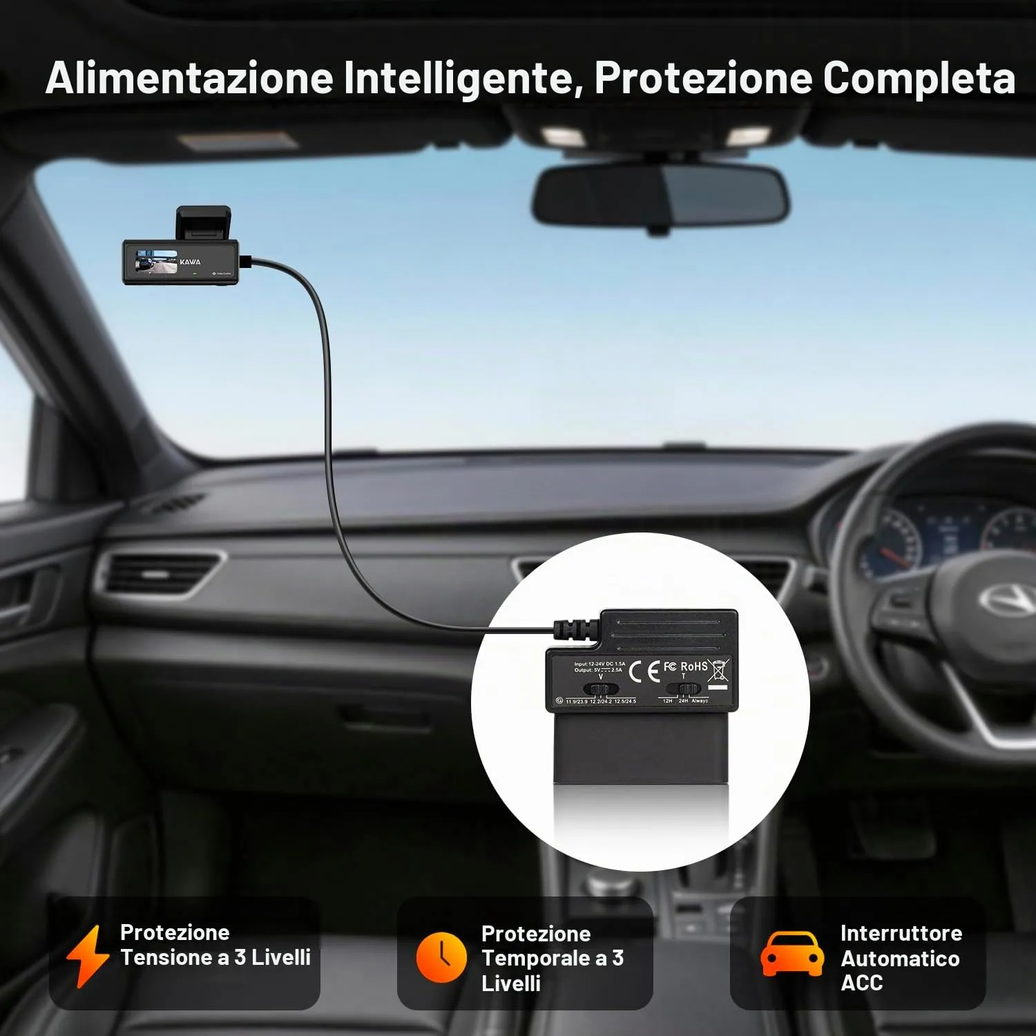 Kawa cavo alimentazione OBD dash cam Type-C 5V parcheggio