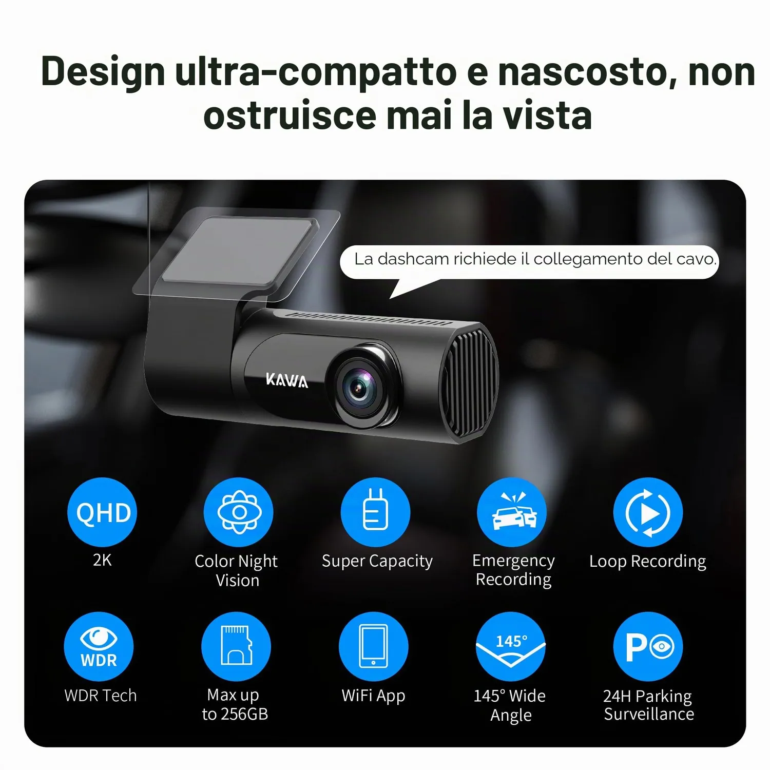 Kawa 2K dash cam auto QHD 1440P Wi-Fi 145° visione notturna