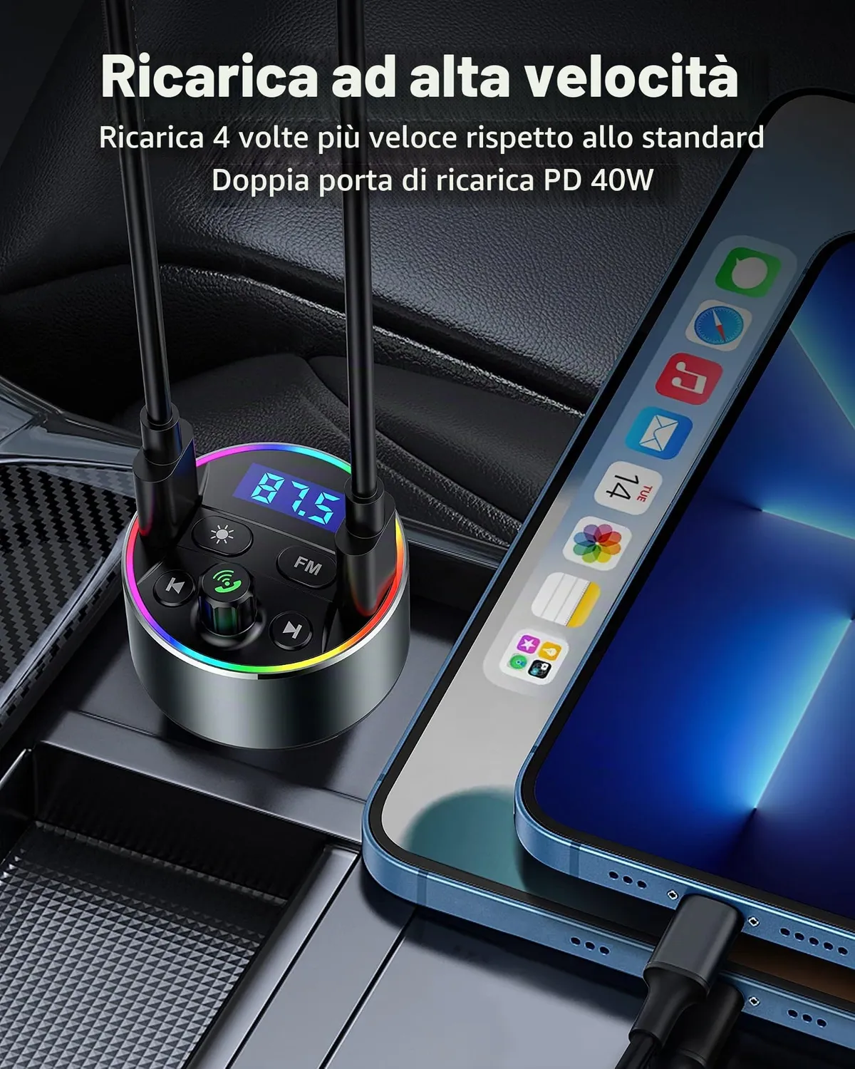 Guanda Bluetooth 5.3 Trasmettitore FM Auto PD 20W Luci LED 9 Colori
