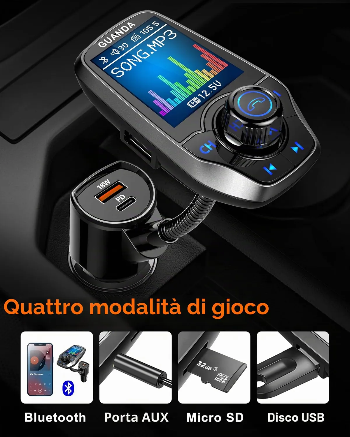 Guanda Trasmettitore FM Bluetooth Auto Schermo 1.8'' 2 USB