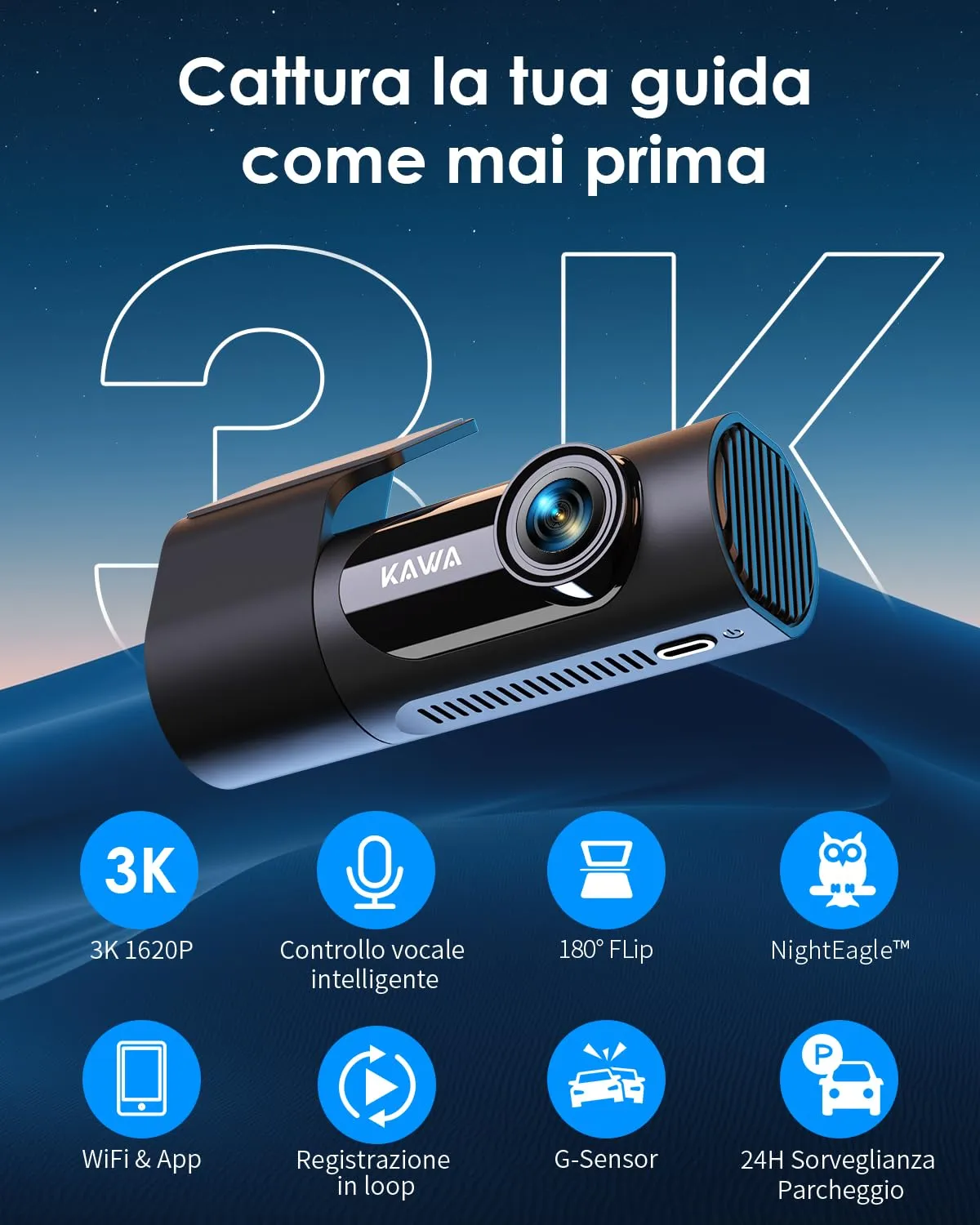 Kawa D6 Dash Cam 3K Girevole 360° Comando Vocale NightEagle