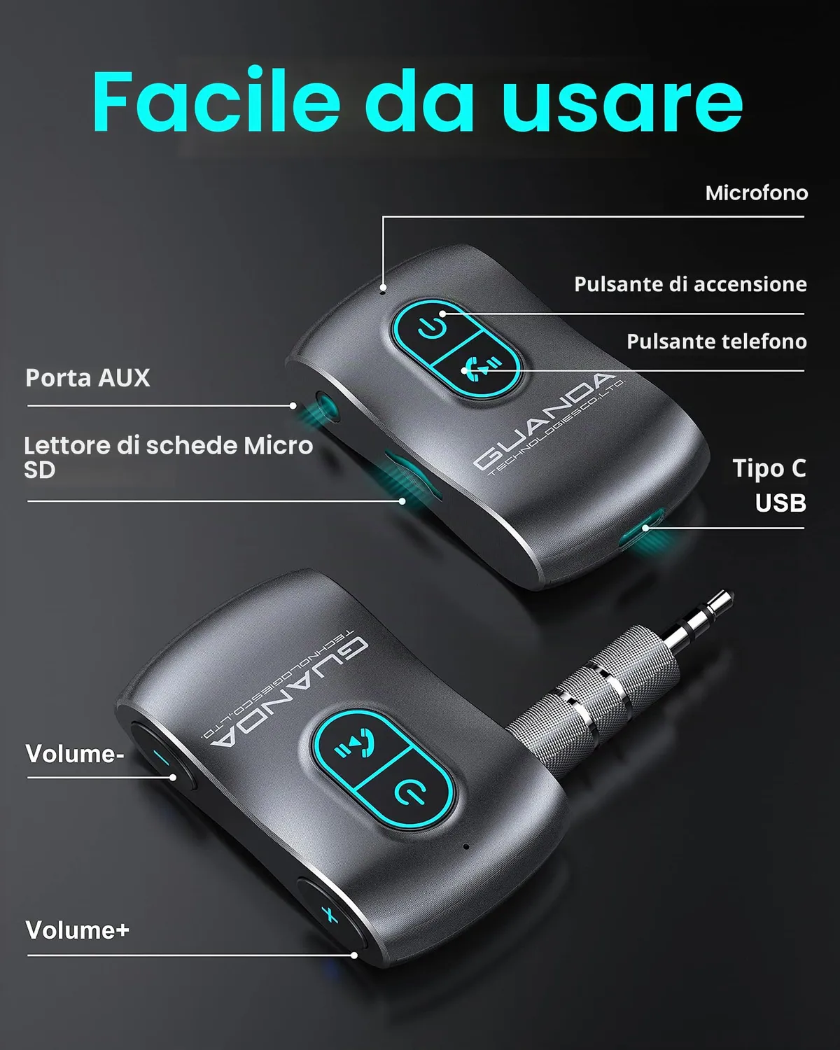 Guanda Ricevitore Bluetooth 5.0 AUX Auto MicroSD 16 Ore