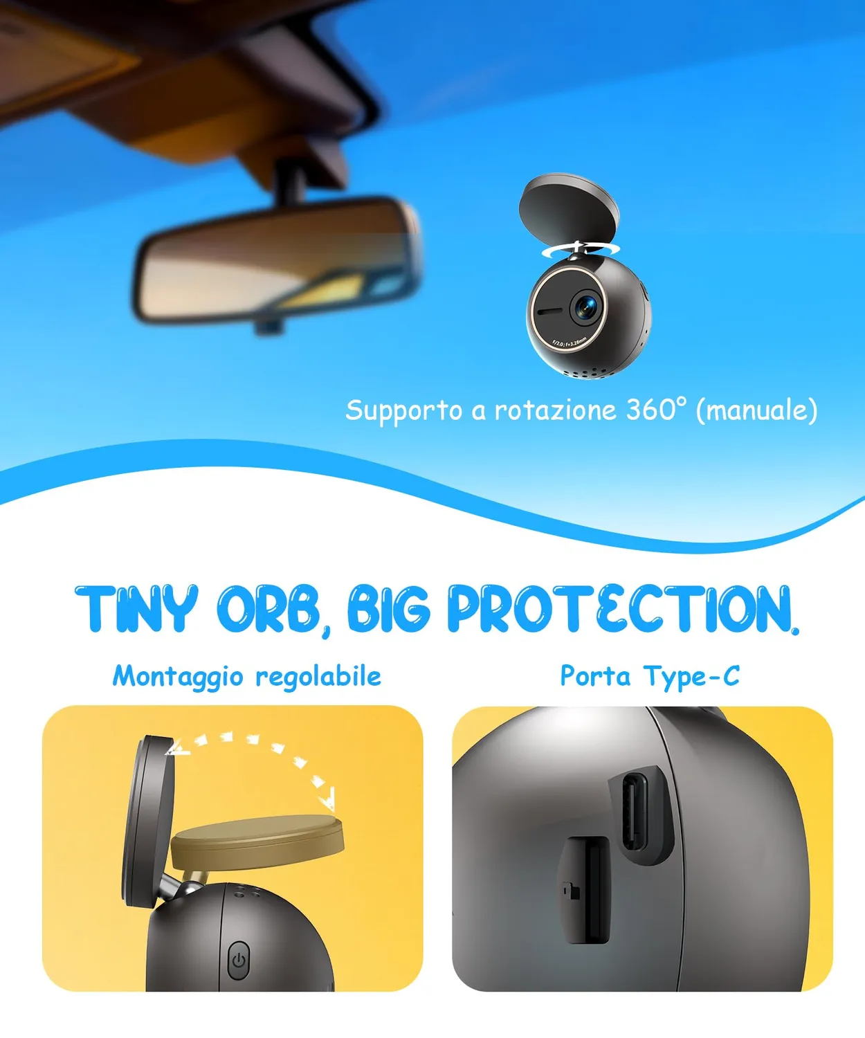 Kawa Orb Dash Cam 2K Sfera Mini Controllo Vocale WiFi