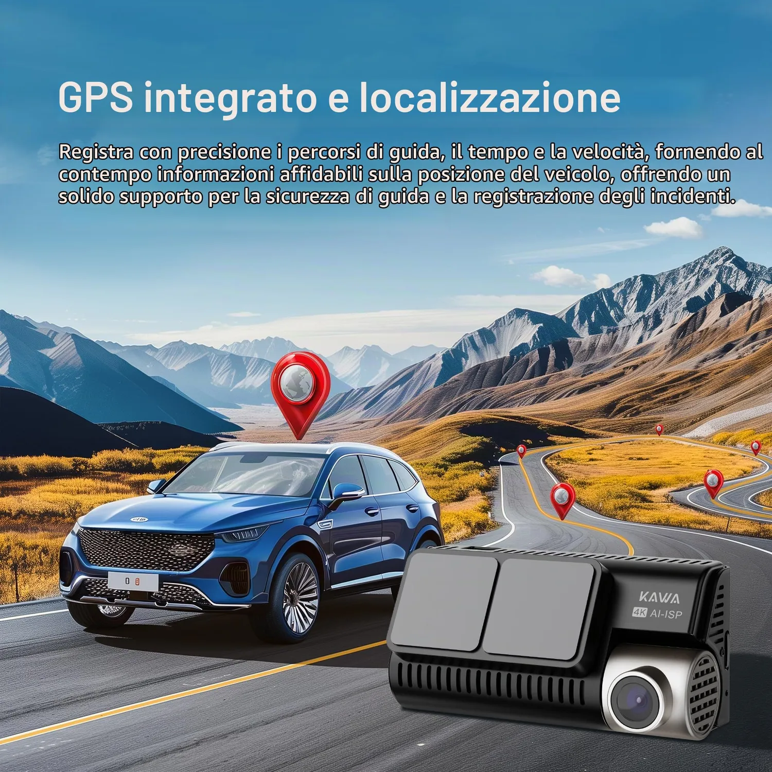 Kawa D11 Dash Cam 4K+1080P Doppia Schermo IPS GPS True Color