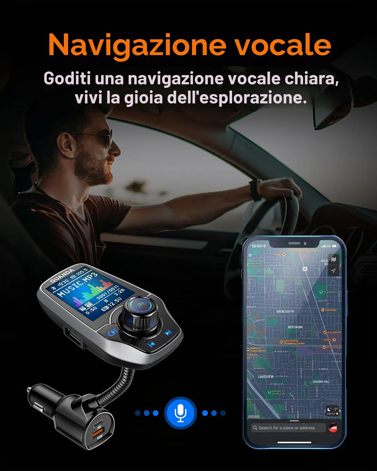 Guanda Trasmettitore FM Bluetooth Auto Schermo 1.8'' 2 USB