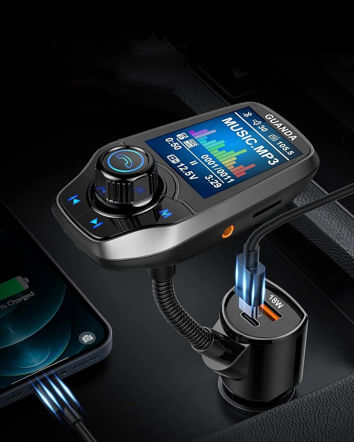 Guanda Trasmettitore FM Bluetooth Auto Schermo 1.8'' 2 USB