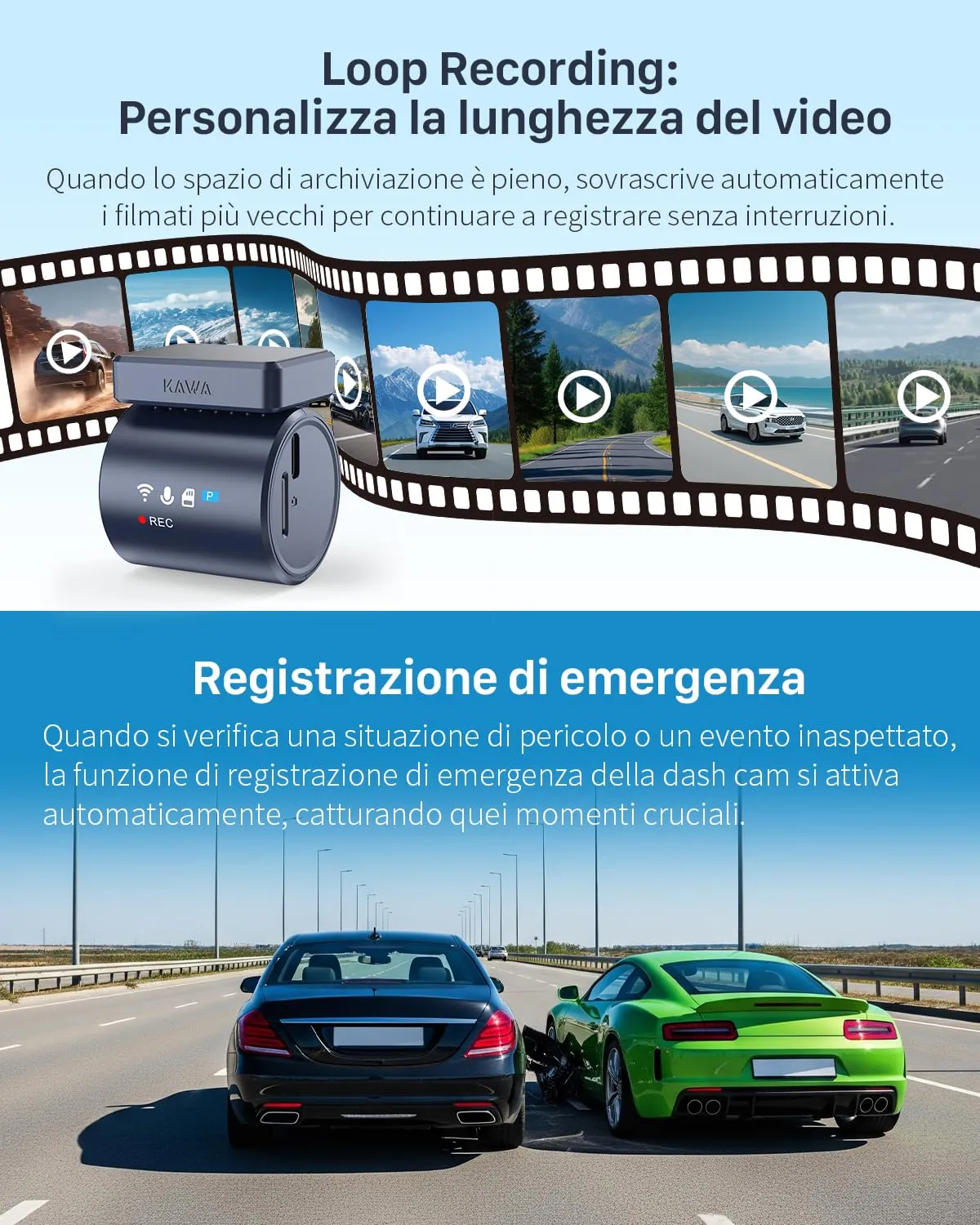 Kawa Dash Cam Auto 2K Mini Controllo Vocale WiFi Display Nascosto