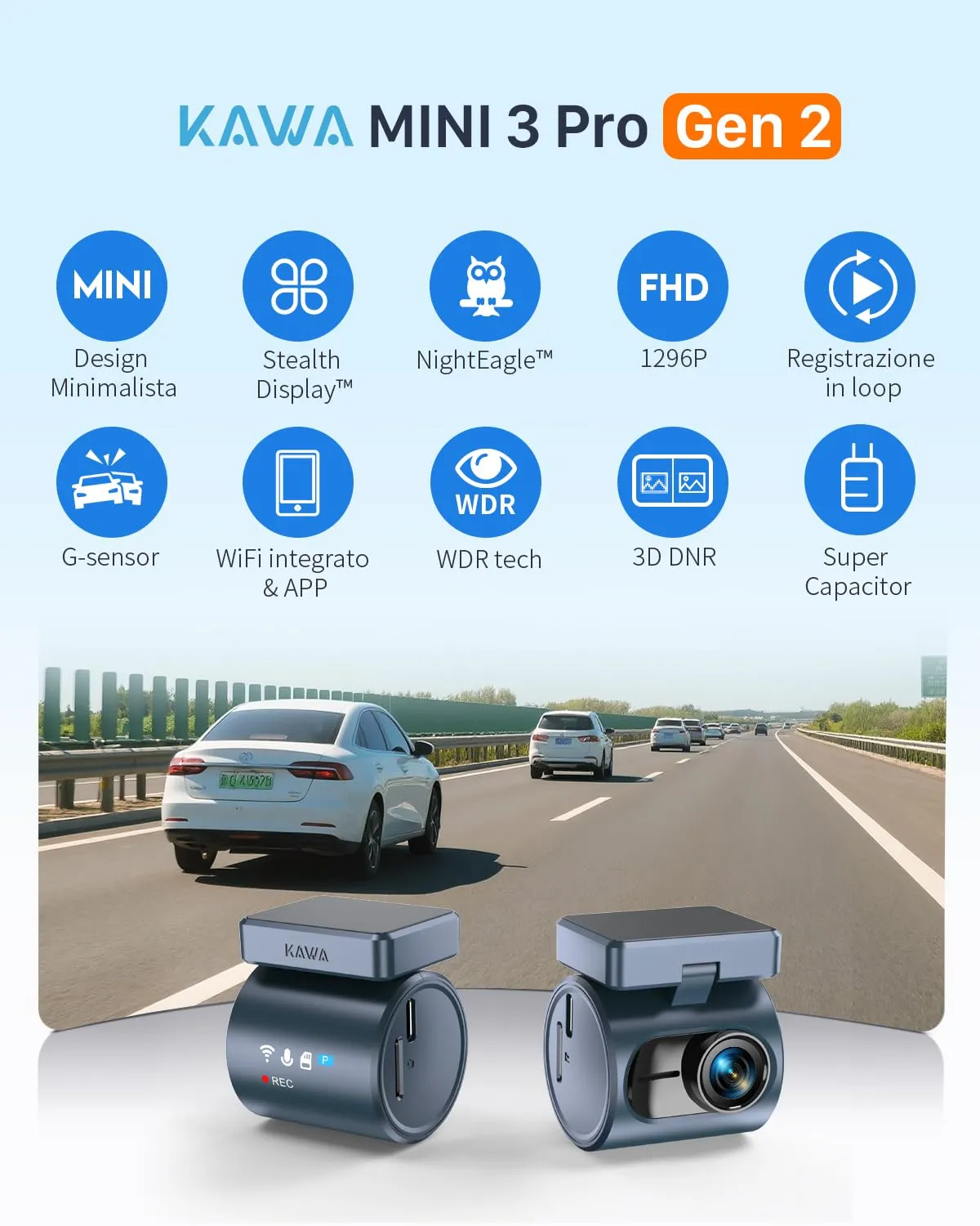 Kawa Dash Cam Auto 2K Mini Controllo Vocale WiFi Display Nascosto