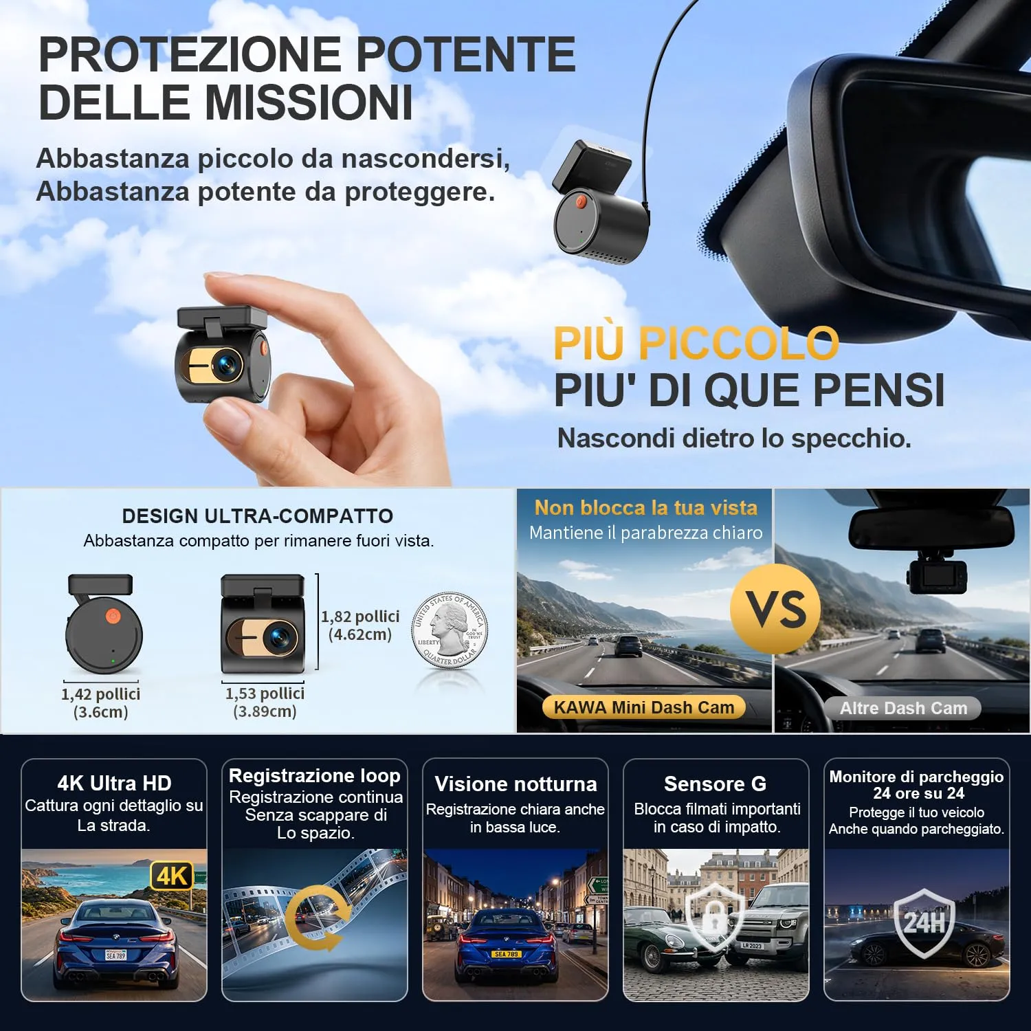 Kawa Mini Dashcam 4K Wi-Fi Vocale Carbone 64GB
