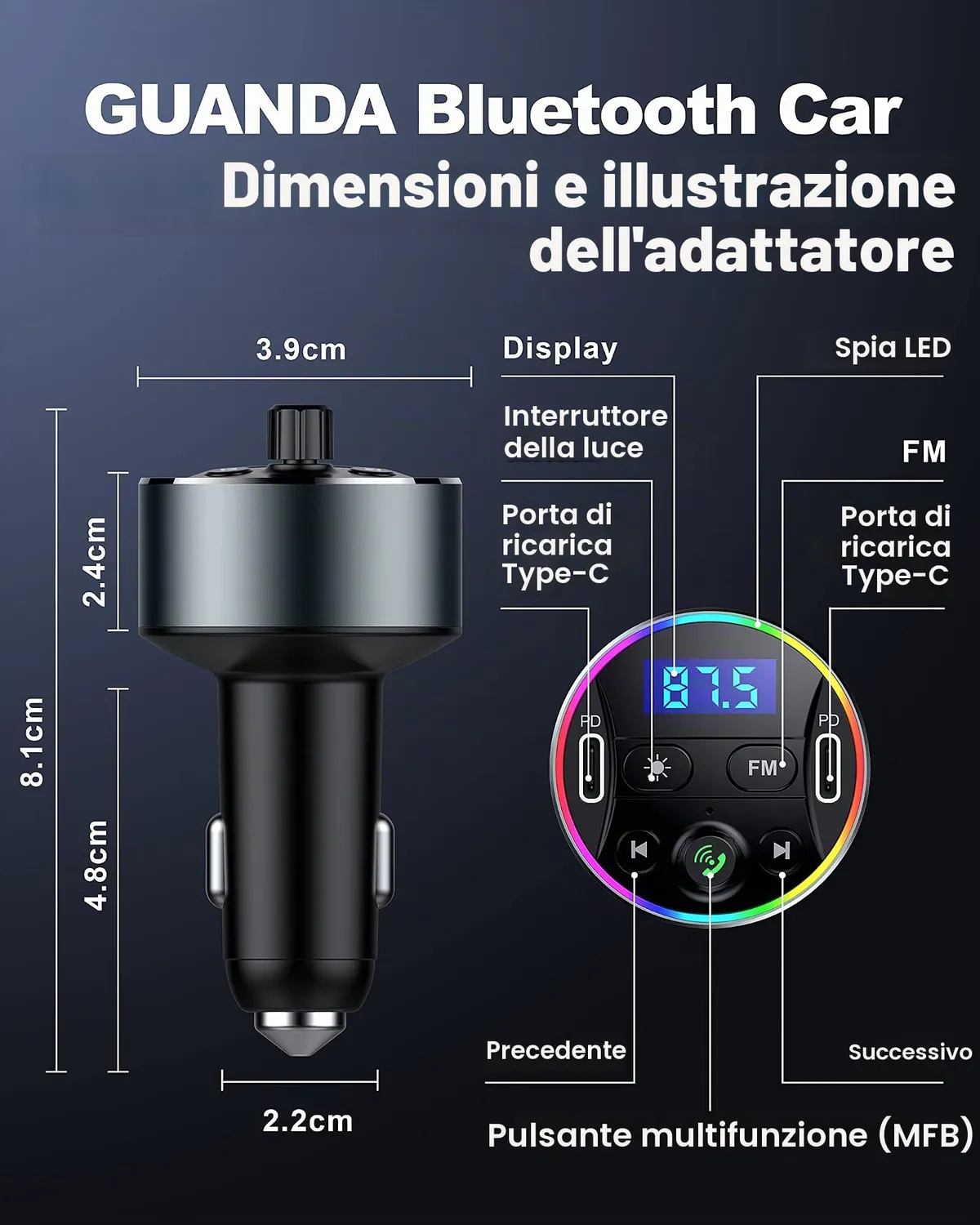 Guanda Bluetooth 5.3 Trasmettitore FM Auto PD 20W Luci LED 9 Colori