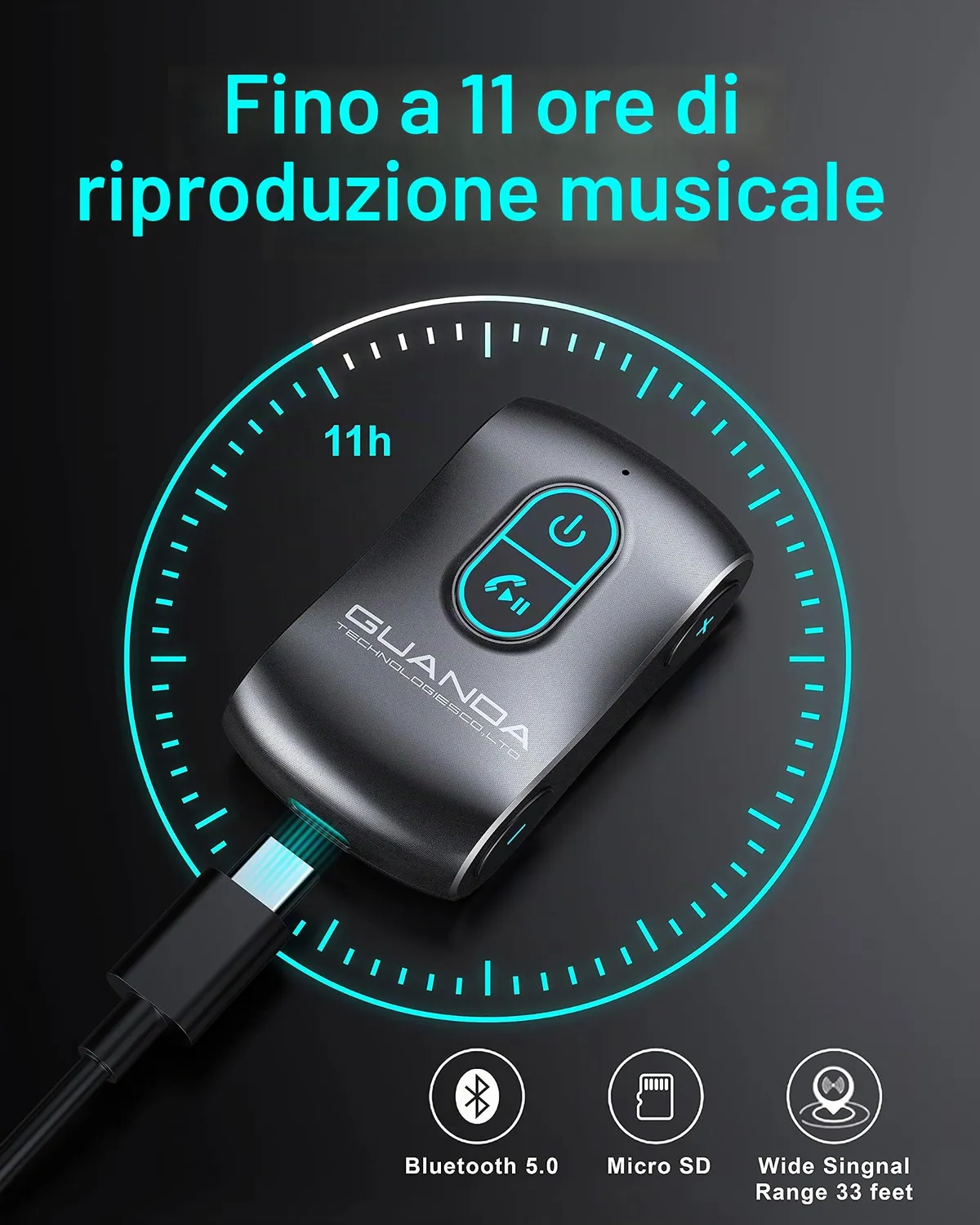 Guanda Ricevitore Bluetooth 5.0 AUX Auto MicroSD 16 Ore