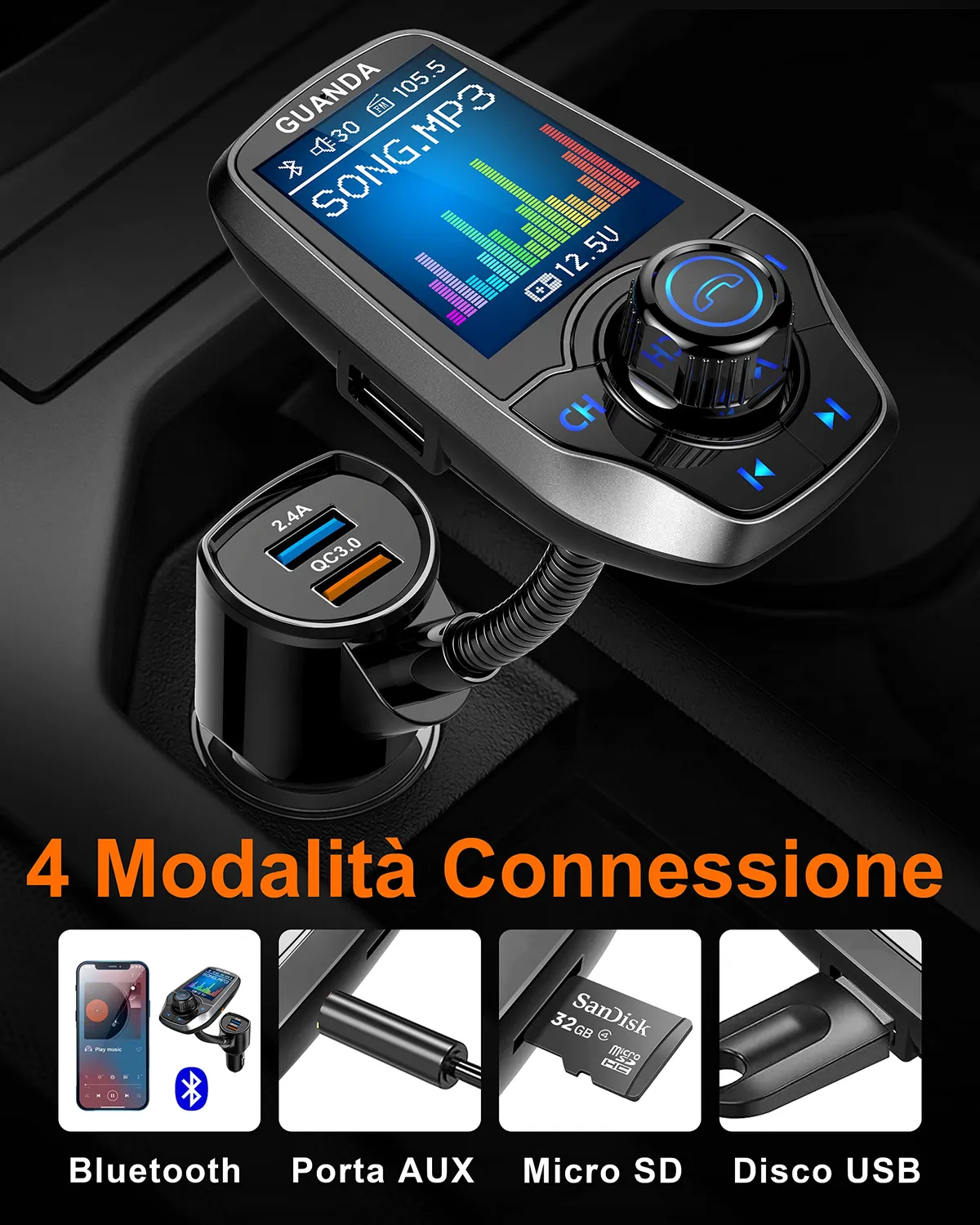 Guanda Trasmettitore FM Bluetooth Auto Schermo 1,8 Doppia USB AUX