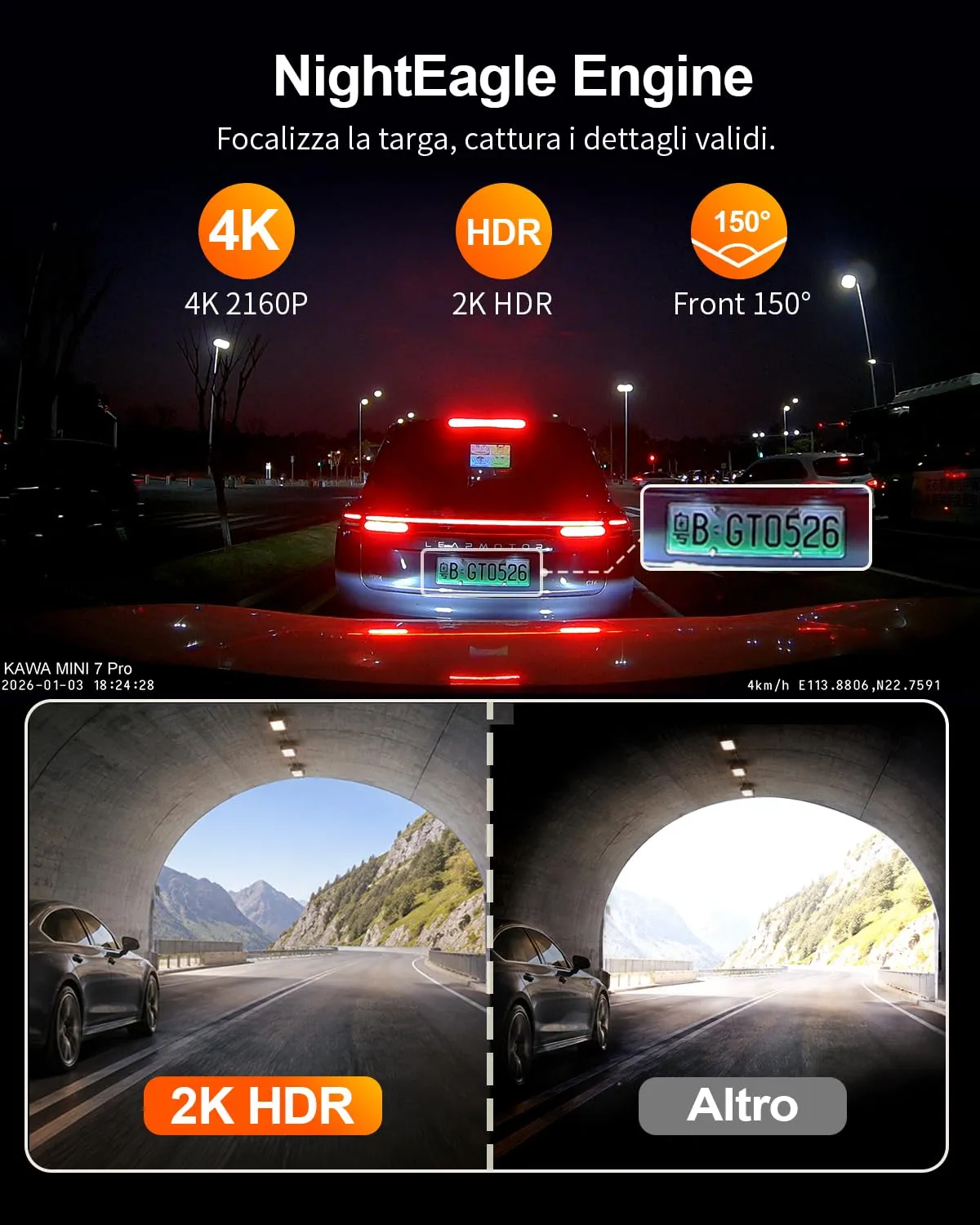 Kawa Mini Dash Cam 4K+1080P Anteriore Posteriore GPS NightEagle