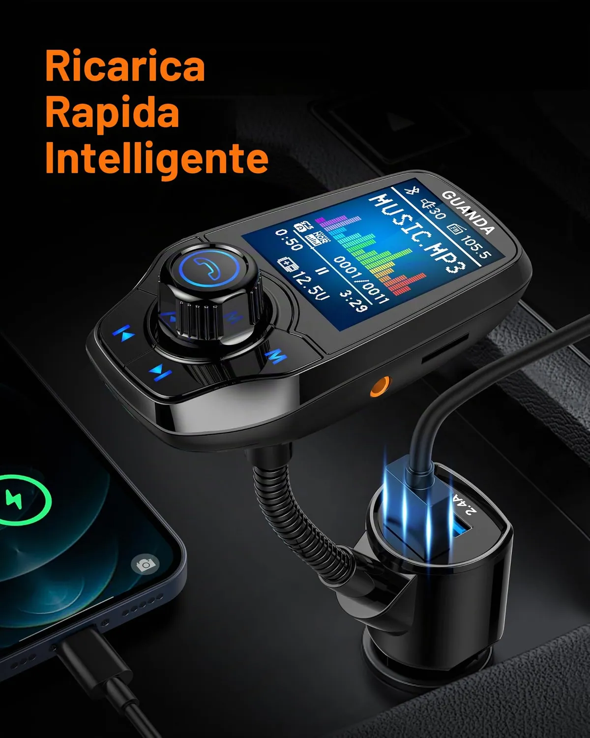 Guanda trasmettitore FM Bluetooth auto 1,8" 2 USB