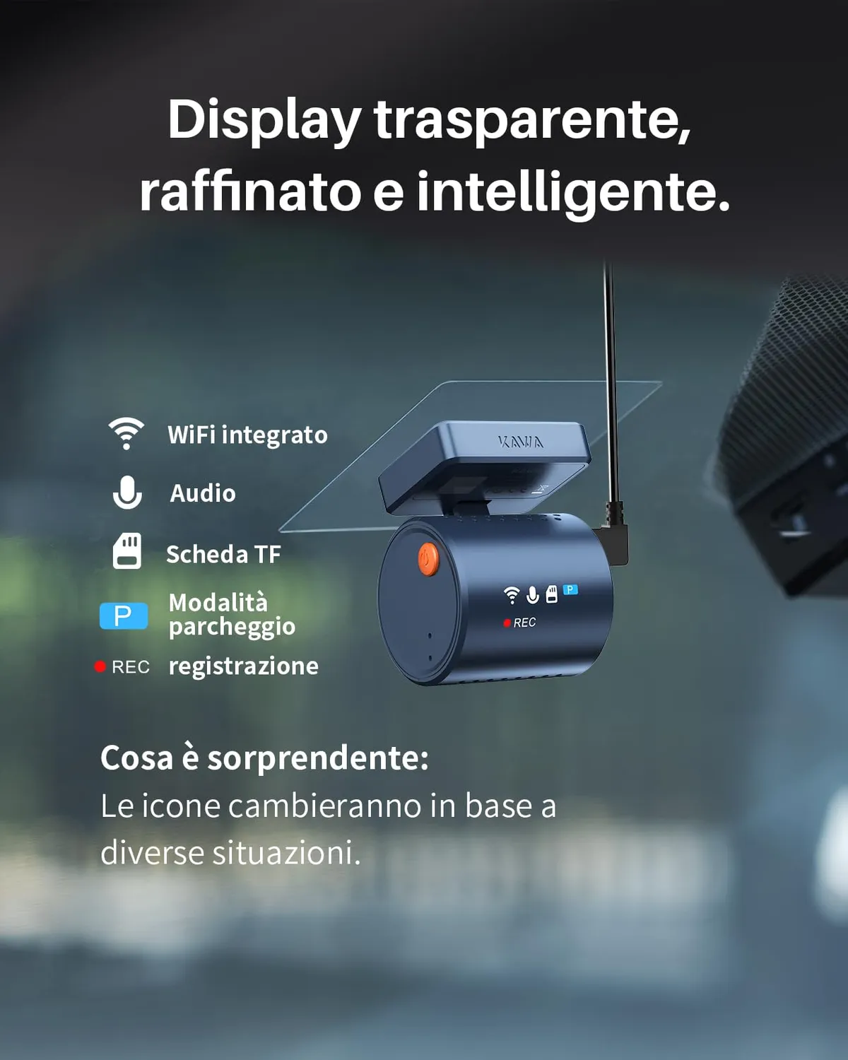 Kawa Dash Cam Auto 2K Mini Controllo Vocale WiFi Display Nascosto