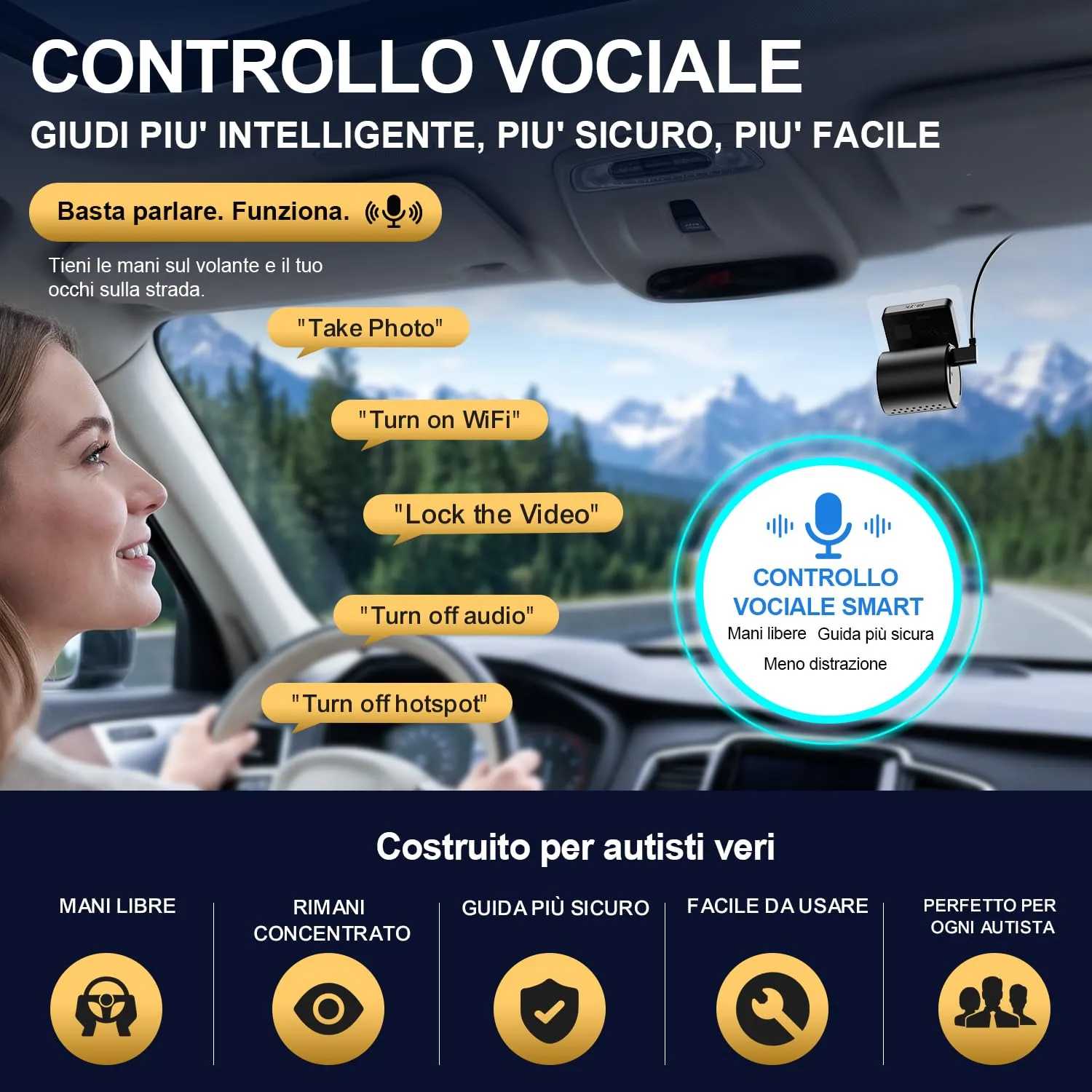Kawa Mini Dashcam 4K Wi-Fi Vocale Carbone 64GB