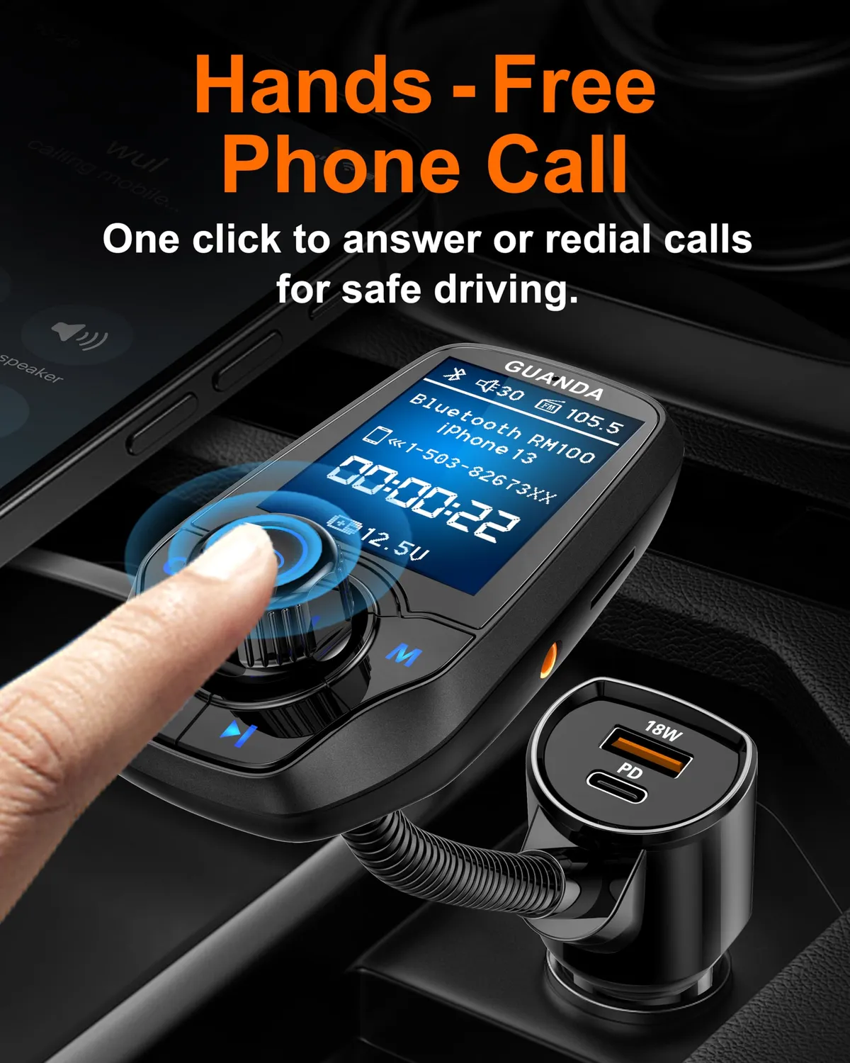 Guanda Trasmettitore FM Bluetooth Cassa Schermo 1.8'' 2 USB