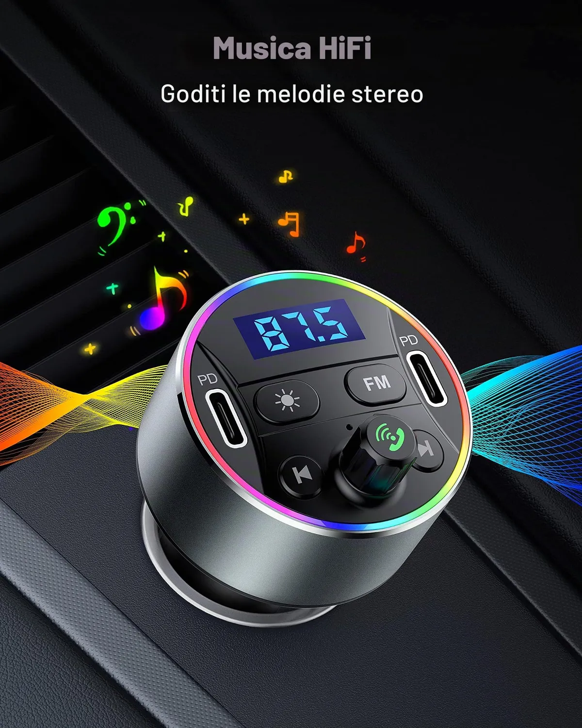 Guanda Bluetooth 5.3 Trasmettitore FM Auto PD 20W Luci LED 9 Colori