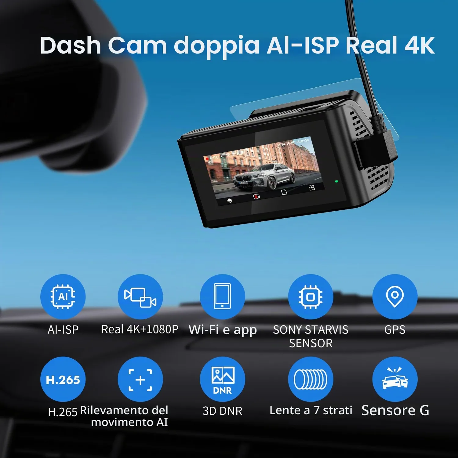 Kawa D11 Dash Cam 4K+1080P Doppia Schermo IPS GPS True Color