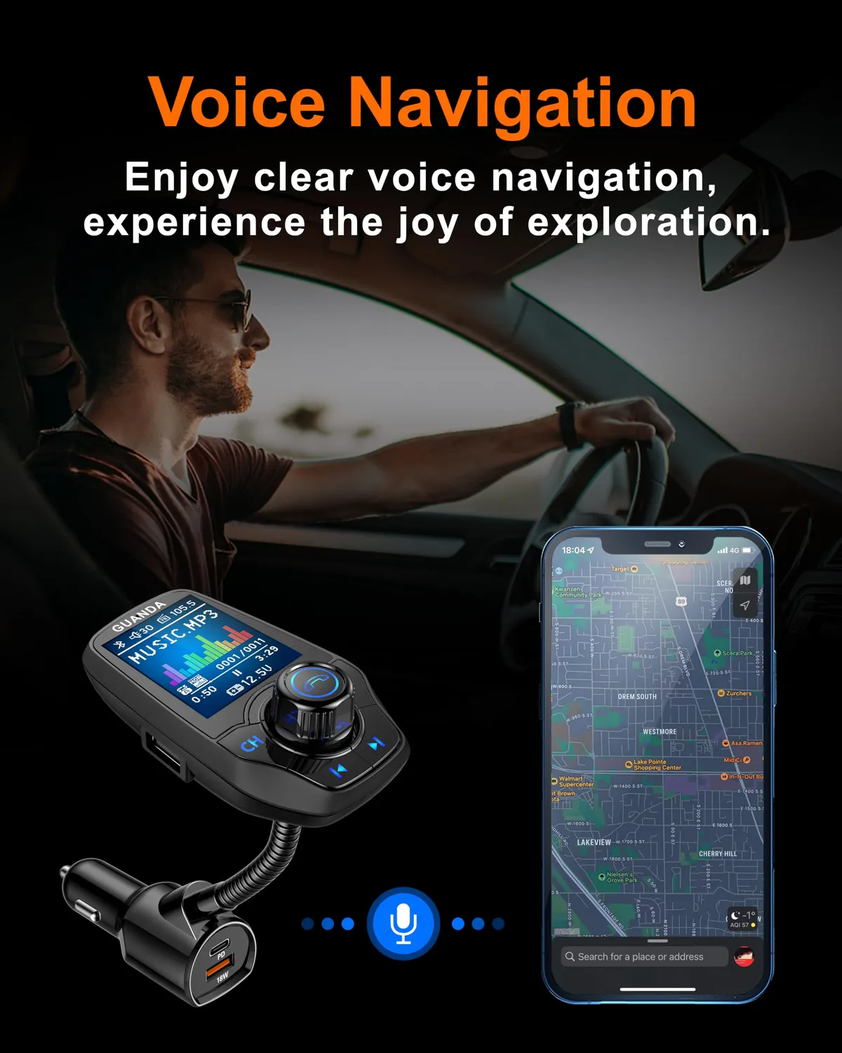 Guanda Trasmettitore FM Bluetooth Cassa Schermo 1.8'' 2 USB