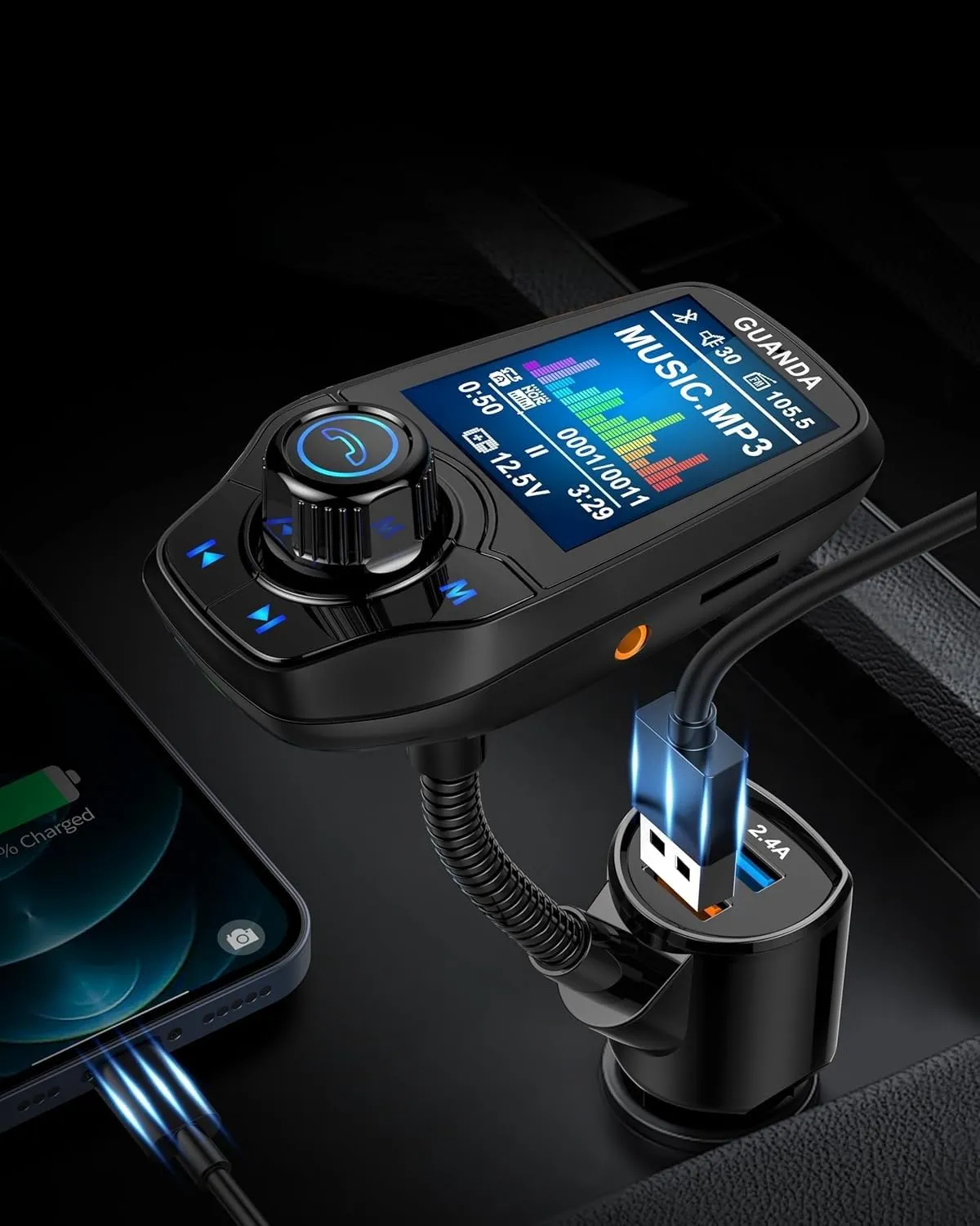 Guanda Trasmettitore FM Bluetooth Cassa Schermo 1.8'' 2 USB