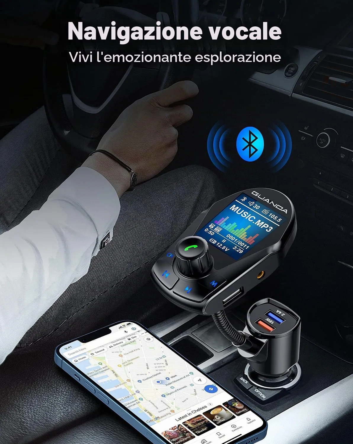 Guanda Bluetooth 5.3 Trasmettitore FM Auto Schermo 1,8 Ricarica 18W