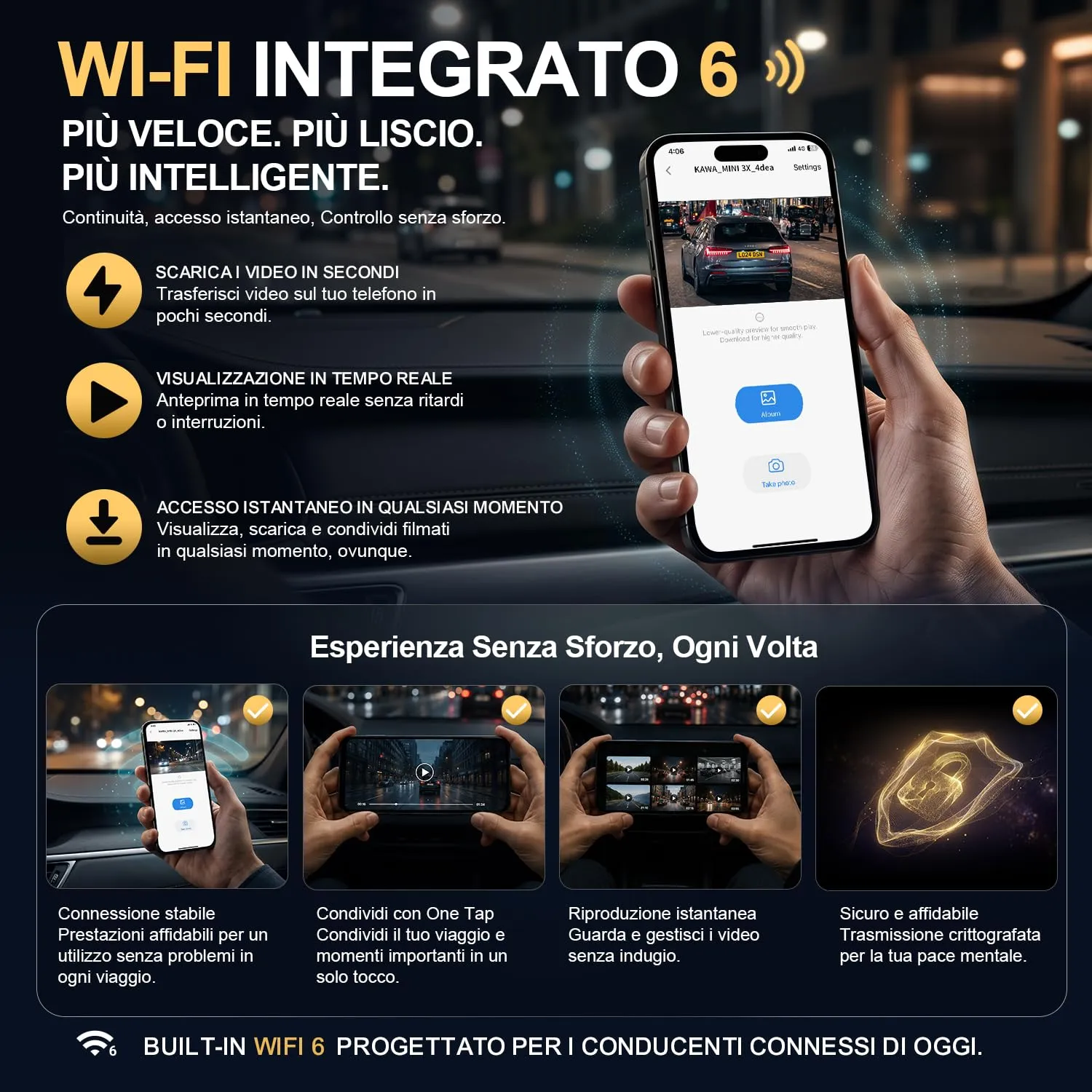 Kawa Mini Dashcam 4K Wi-Fi Vocale Carbone 64GB