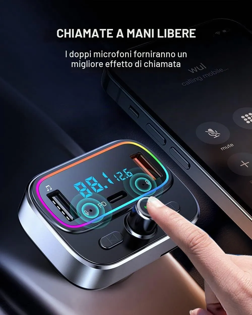 Guanda Trasmettitore FM Bluetooth Auto Doppio Microfono PD 20W LED